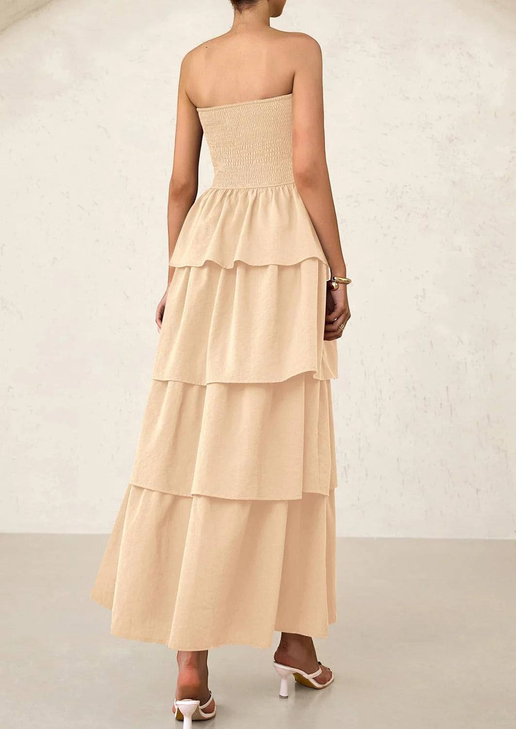 Maxi Dresses for Women Off Shoulder Smocked Tiered Ruffle Long Flowy Wedding Guest Dress