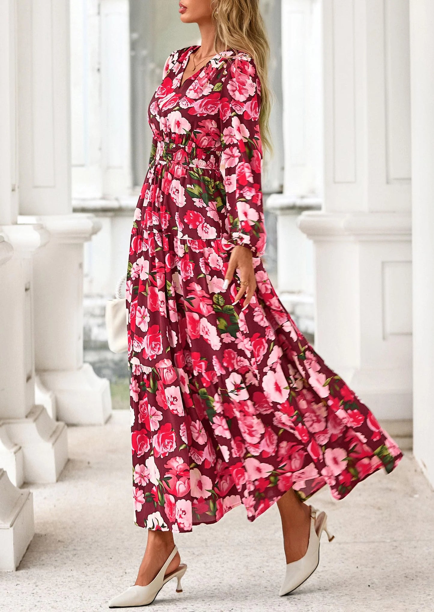Long Sleeve Maxi Fall Dresses for Women Vneck Smocked Boho Floral Tiered Swing Flowy Wedding Guest Dress