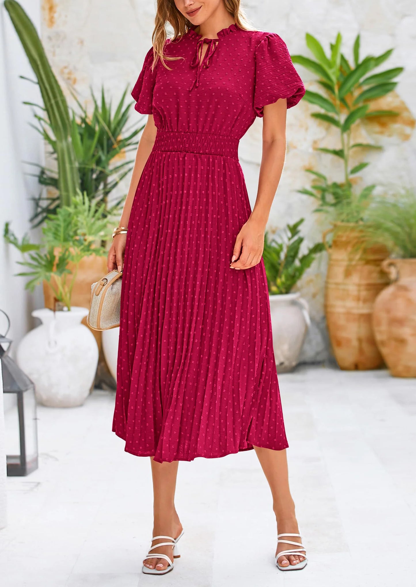 Womens Midi Dresses Puff Short Sleeve V Neck Swiss Dot Pleated A Line Flowy Long Wedding Guest Dress
