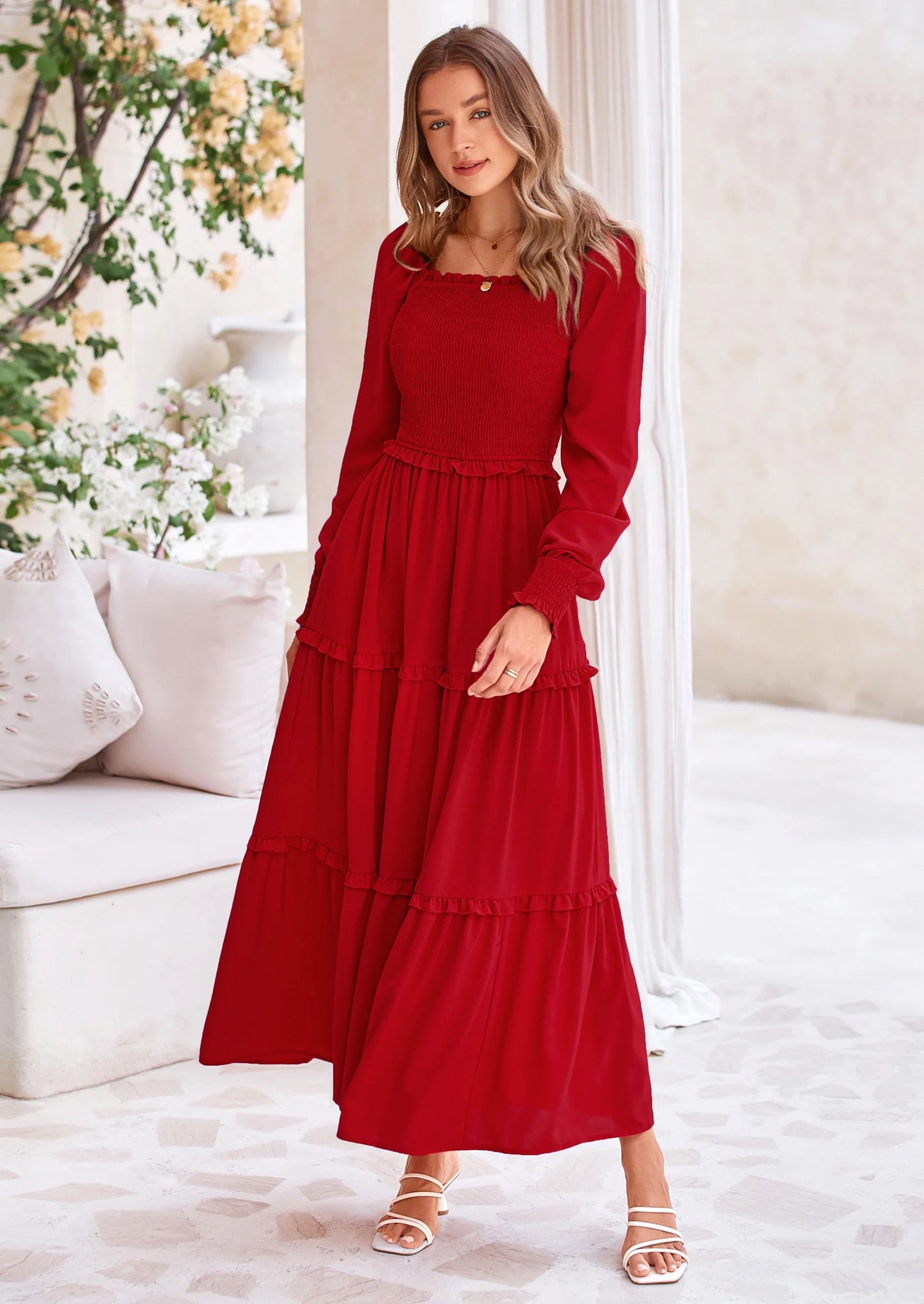 Fall Wedding Guest Dresses for Women Long Sleeve Square Neck Tiered A Line Modest Elegant Flowy Dresses