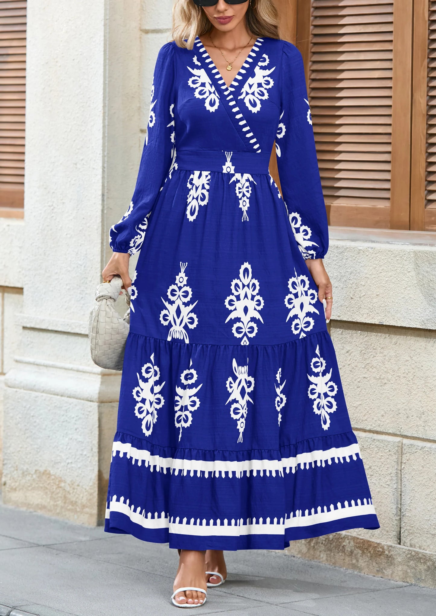 Women's Fall Wedding Guest Dresses Boho Floral Long Sleeve V Neck Flowy Elegant Maxi Dress Beach Clothes