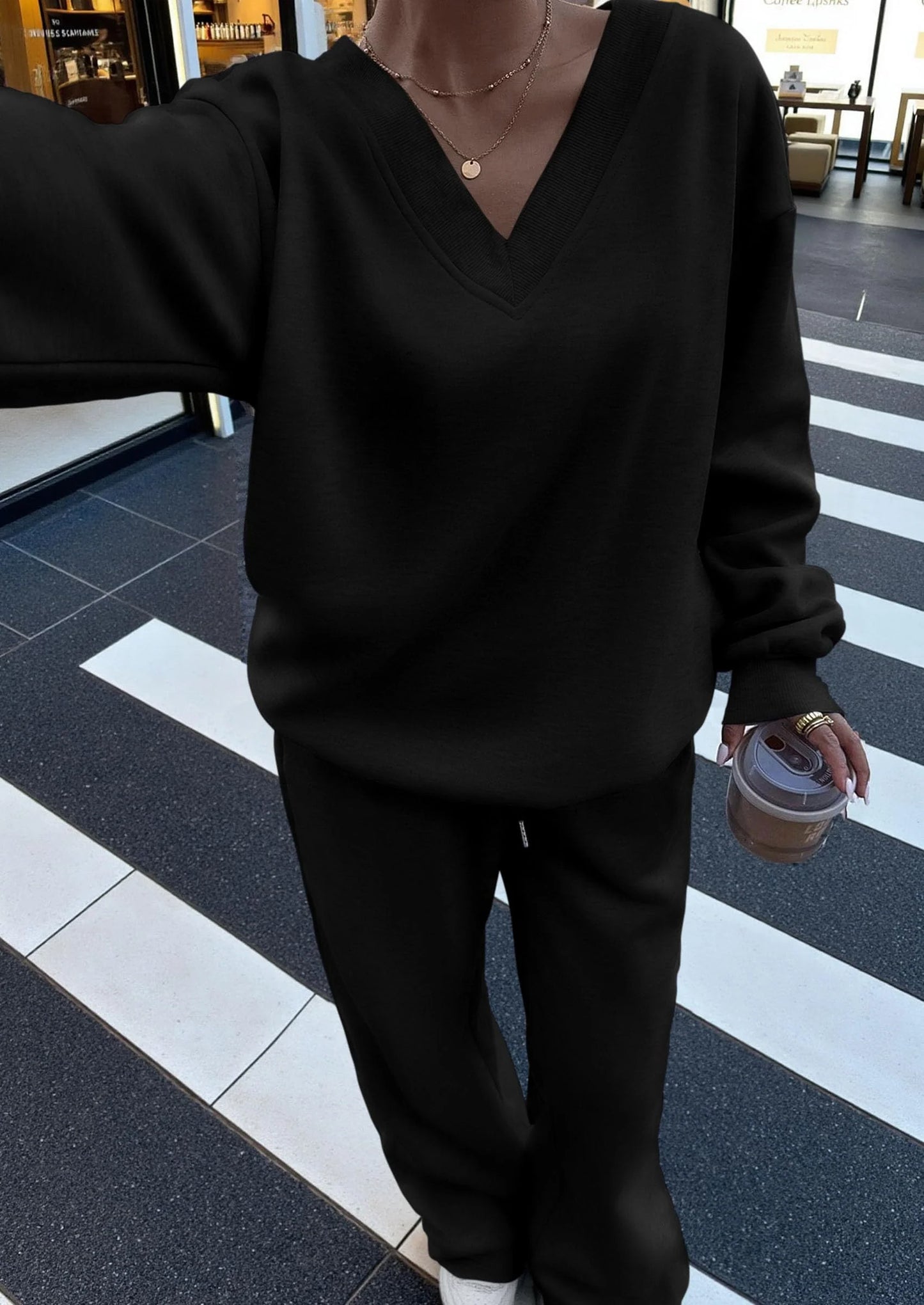 Casual Winter Two Piece Sets for Women V Neck Sweatshirt Loose Wide Leg Pants Tracksuit Knit Fall Outfits