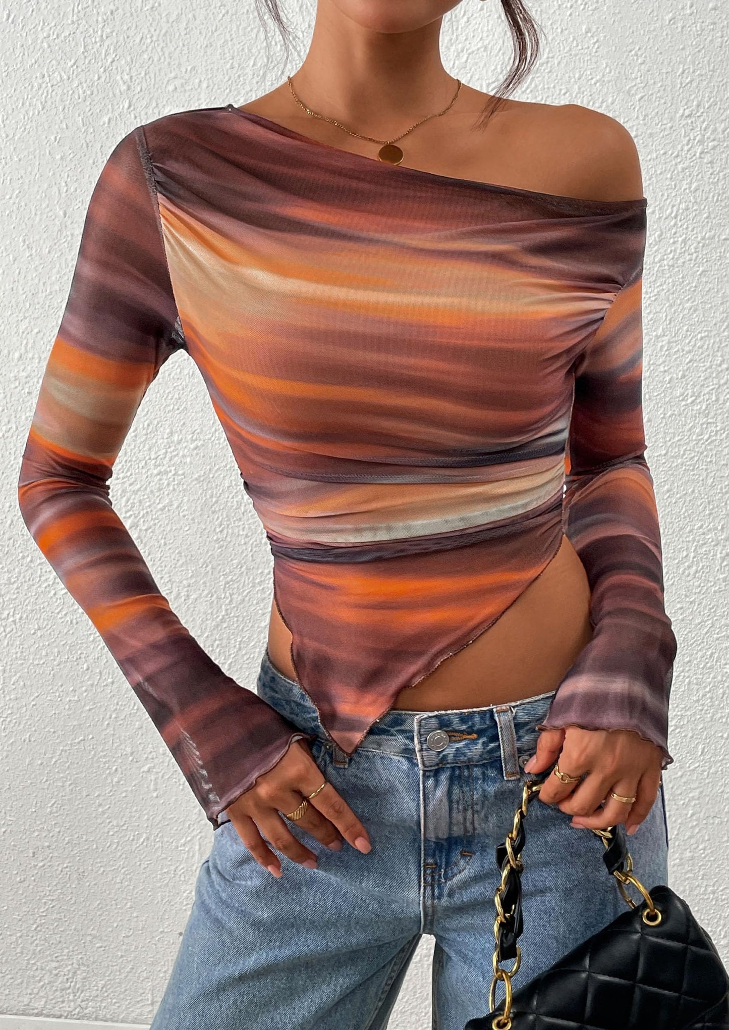Womens Fall Trendy Off Shoulder Tops Tie Dye Mesh Long Sleeve Shirts Asymmetrical Ruched Floral Blouse