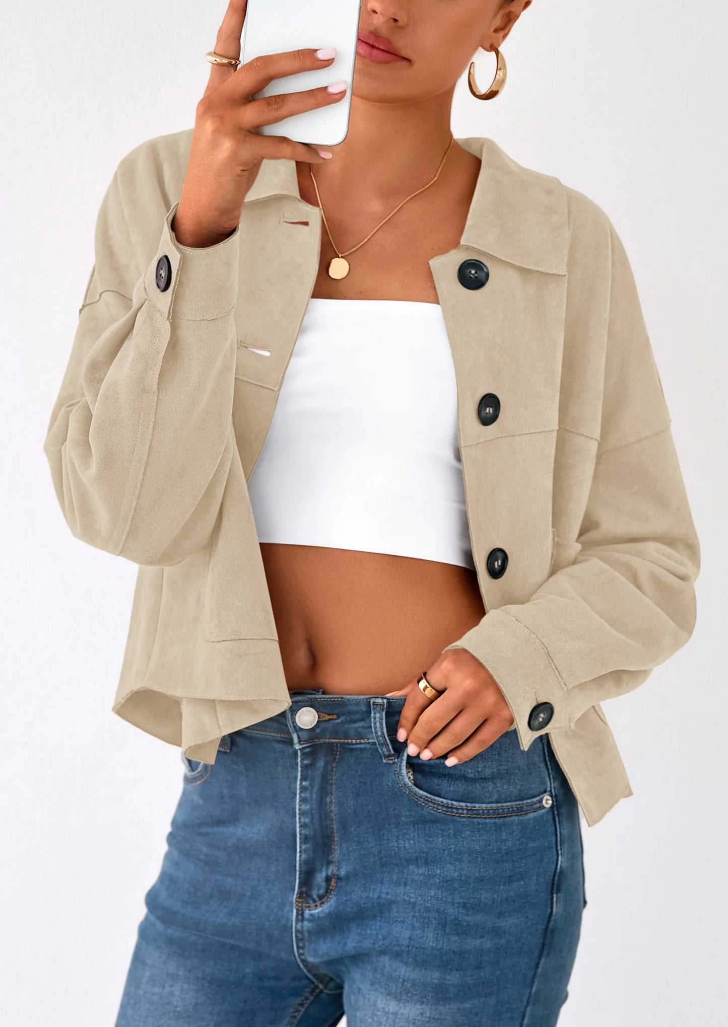 Women's Faux Suede Cropped Jacket Casual Lightweight Fall Fashion Winter Coats Outerwear Trendy Clothes