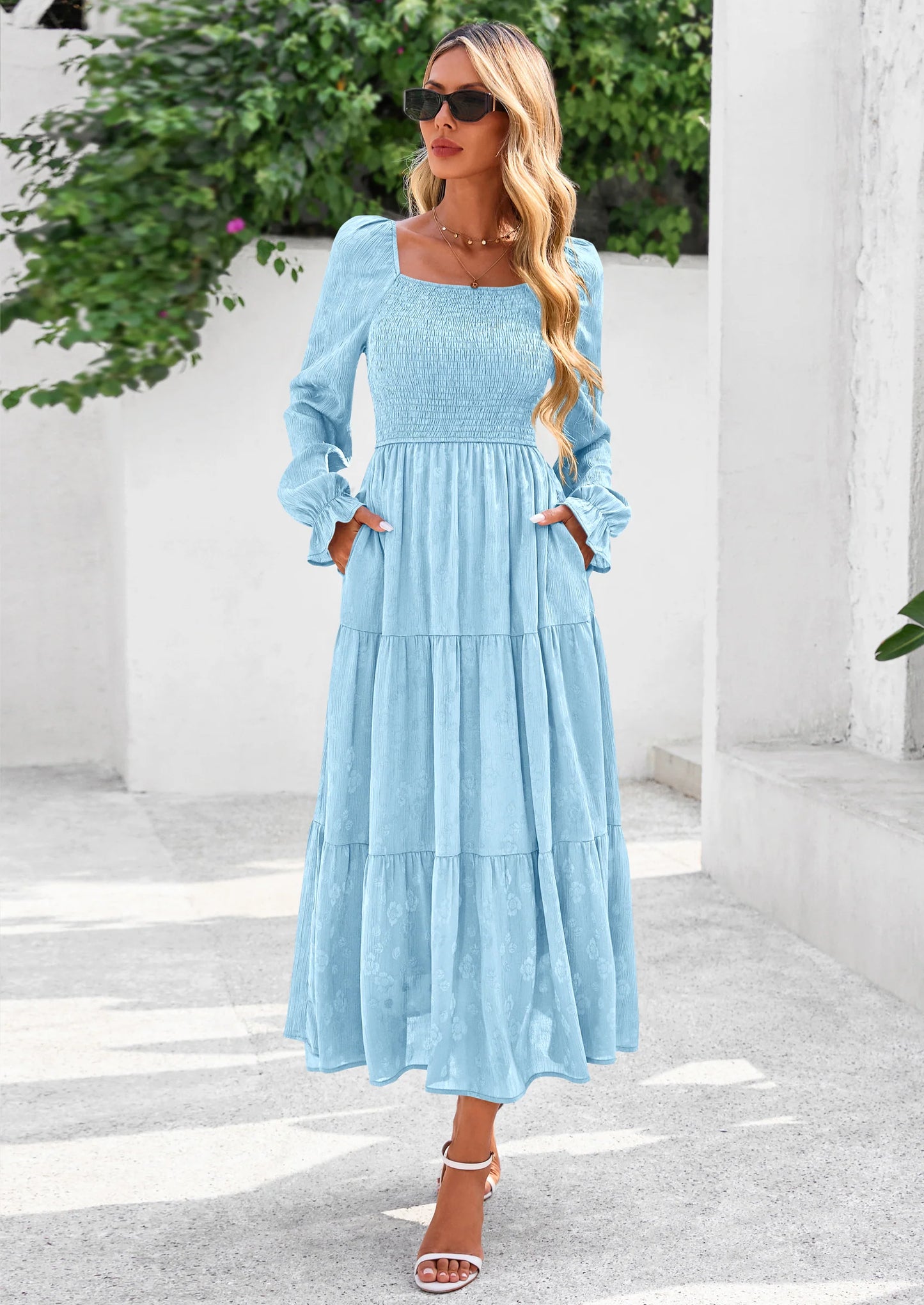 Fall Wedding Guest Dresses for Women Floral Long Sleeve Smocked Tiered Elegant Long Flowy Boho Dress
