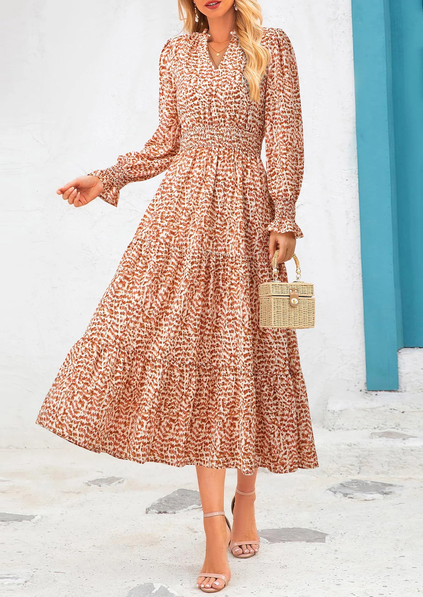 Women's Floral Maxi Dress Spring Long Sleeve V Neck Casual A Line Long Flowy Boho Party Dresses