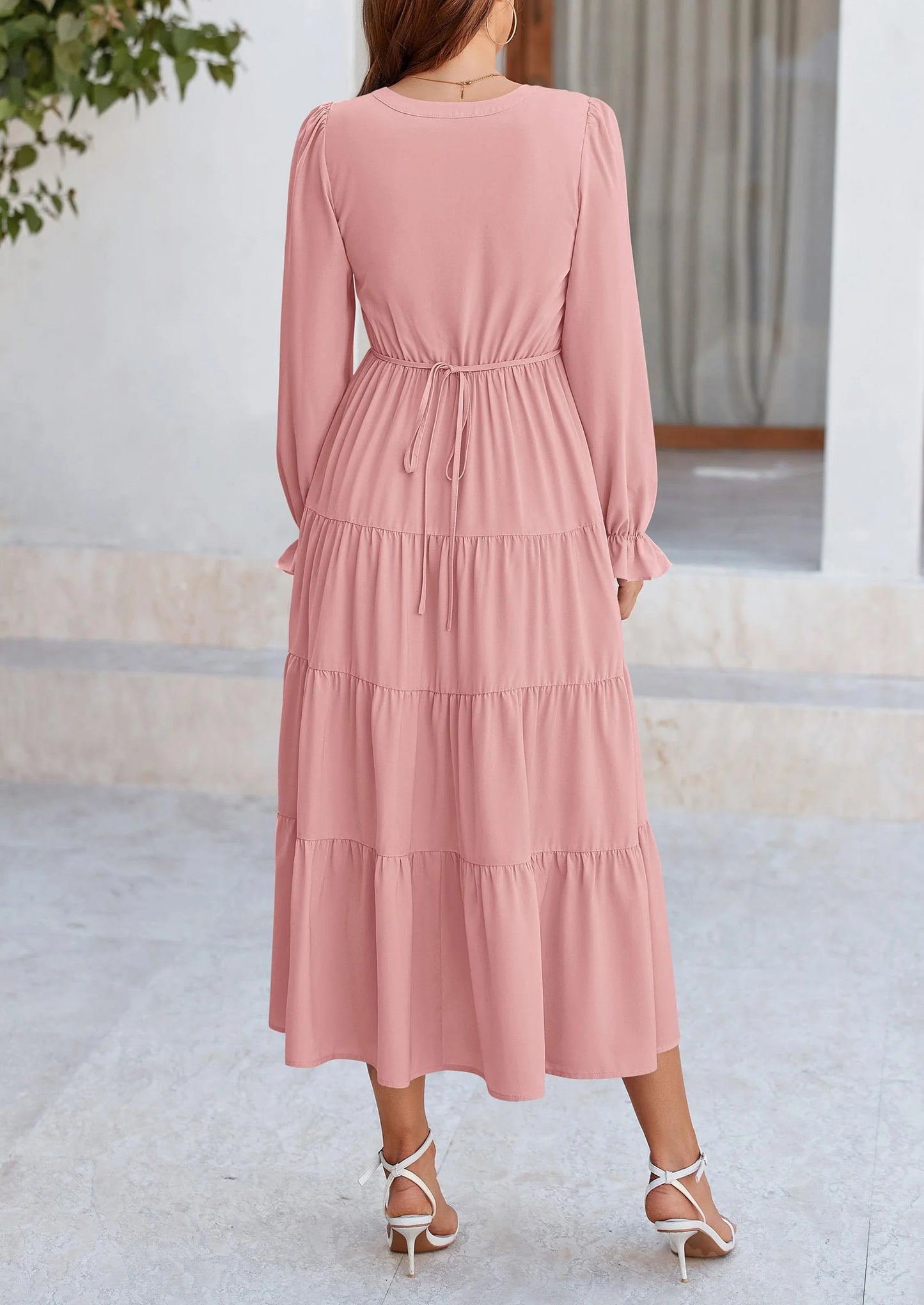 Women Fall Long Sleeve Smocked Maxi Dress Casual Square Neck Swiss Dot Tiered Ruffle Flowy Spring Pocket Dresses
