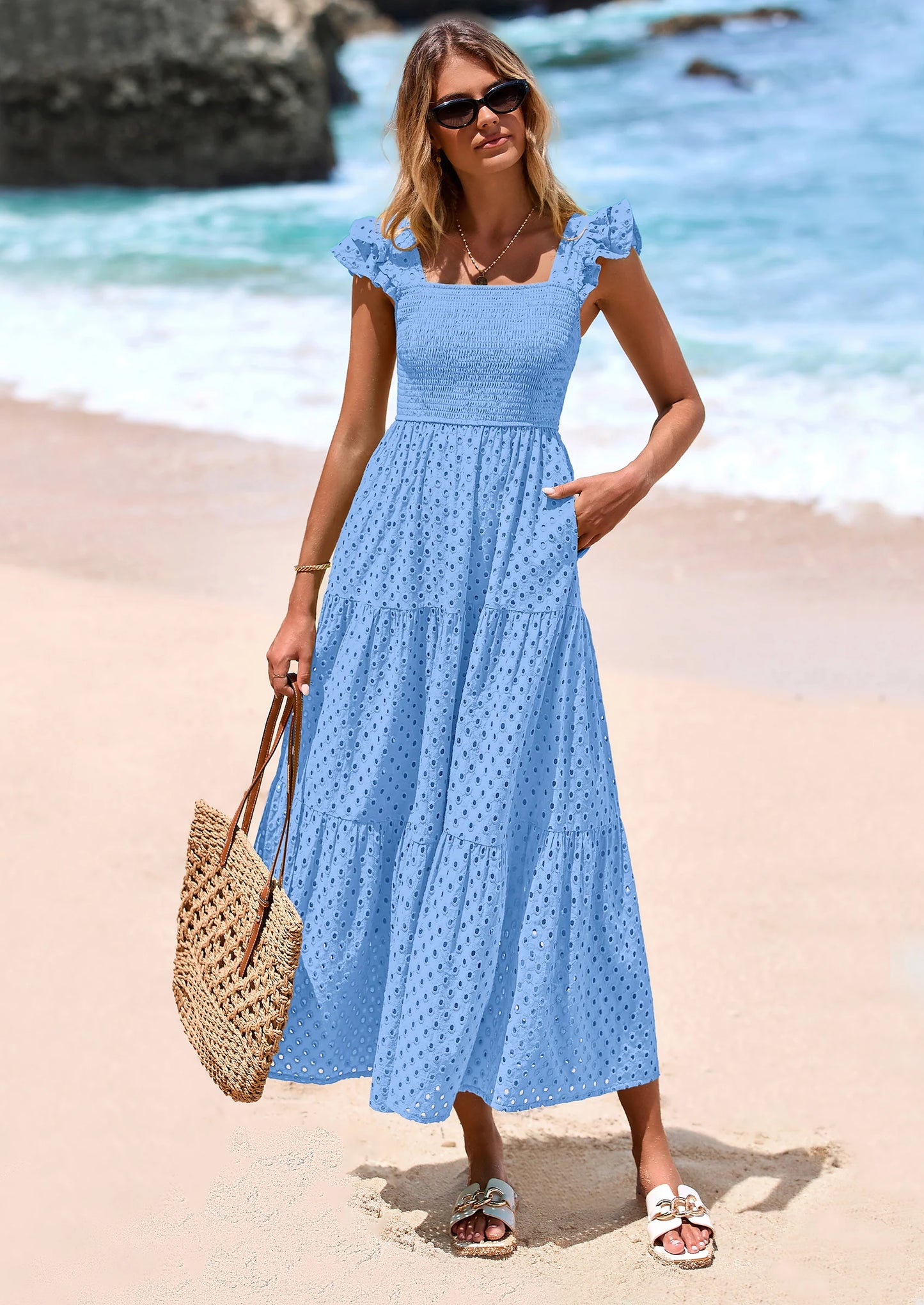 Womens Square Neck Maxi Dresses Cap Sleeve Eyelet Smocked Tiered A Line Flowy Long Dress with Pockets