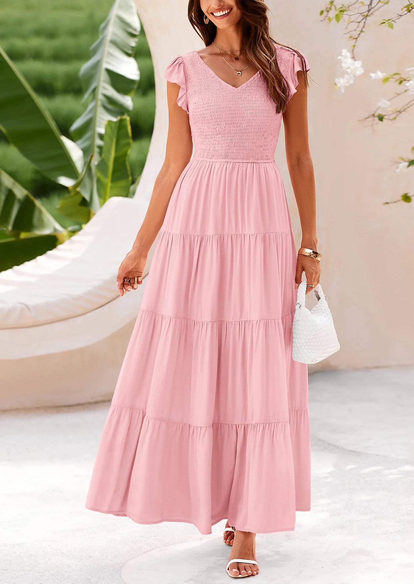 Women's Flowy Maxi Dress Casual Cap Sleeve V Neck Smocked Beach Sundress