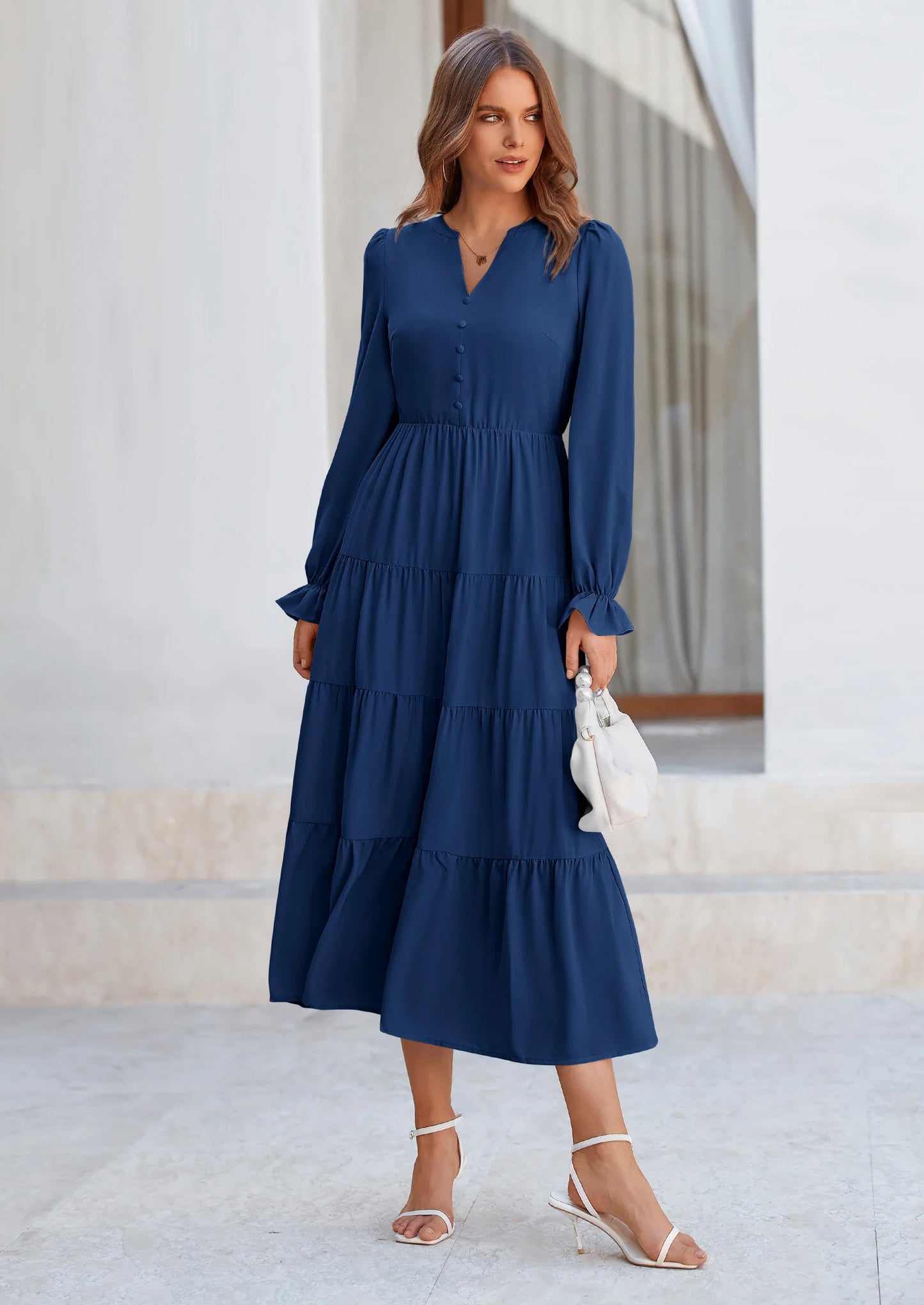 Women Fall Long Sleeve Smocked Maxi Dress Casual Square Neck Swiss Dot Tiered Ruffle Flowy Spring Pocket Dresses