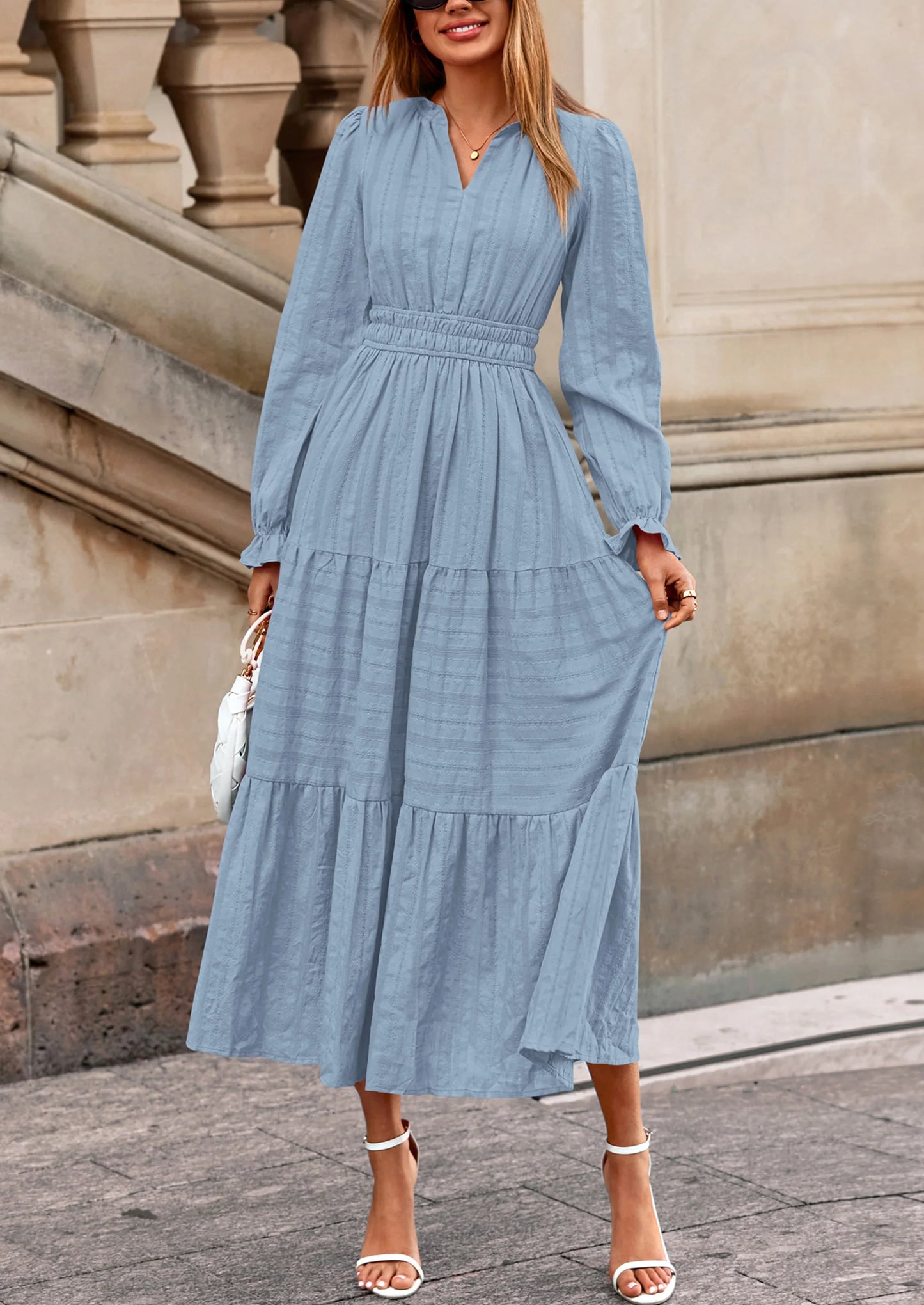Women's Fall Wedding Guest Dresses Long Sleeve V Neck Flowy Elegant Holiday Party Maxi Dress with Pockets