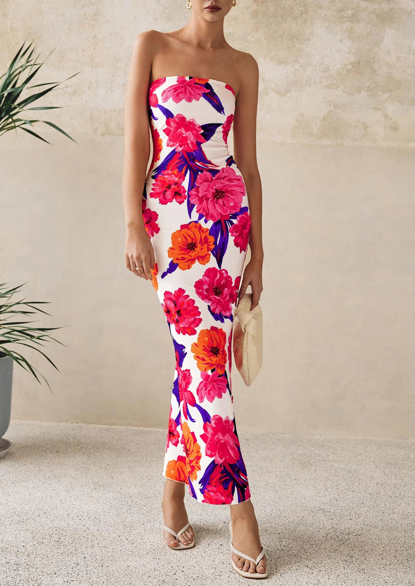 Women's Floral Bodycon Maxi Dresses Ribbed Strapless Tube Casual Boho Party Long Dress