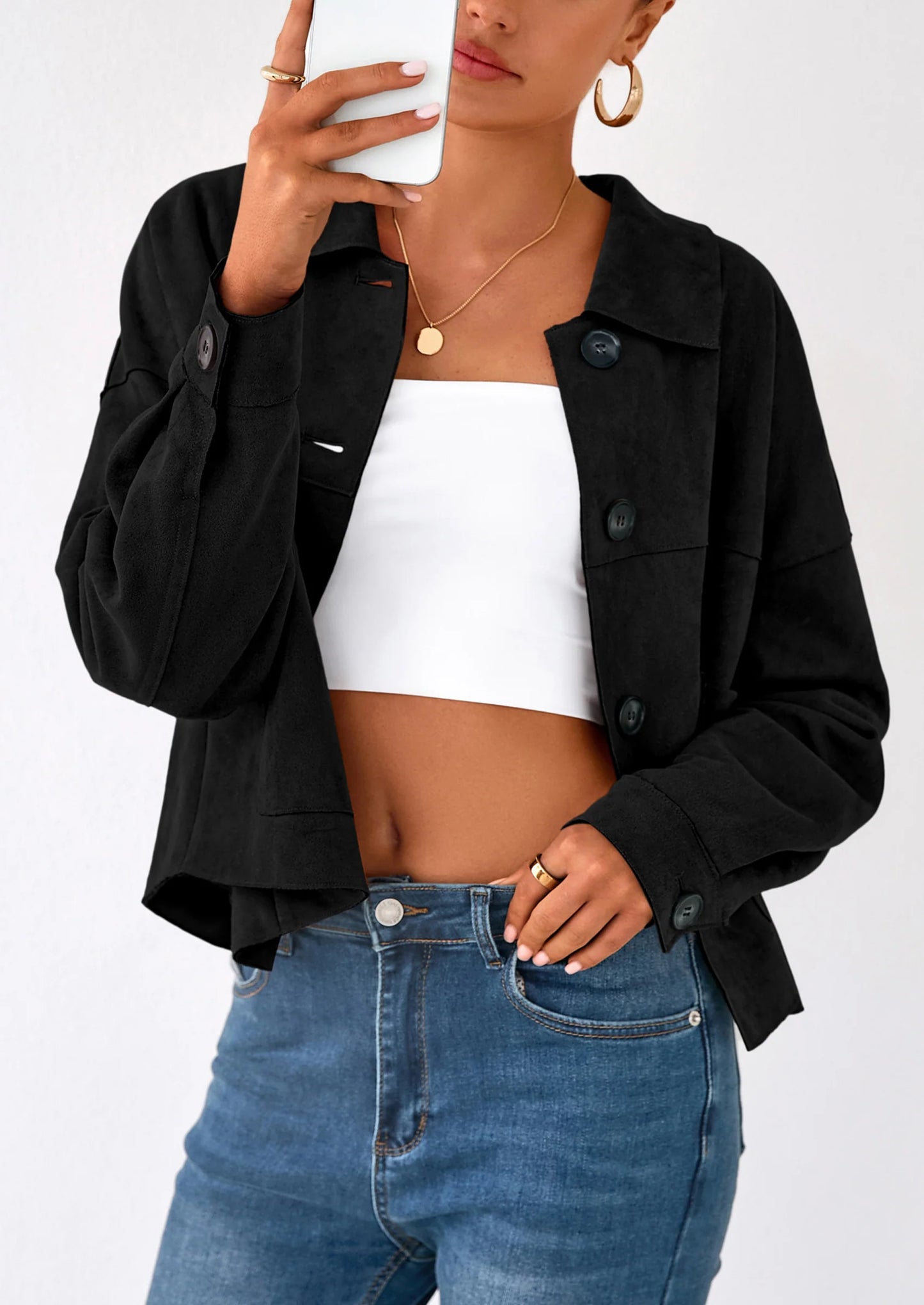 Women's Faux Suede Cropped Jacket Casual Lightweight Fall Fashion Winter Coats Outerwear Trendy Clothes