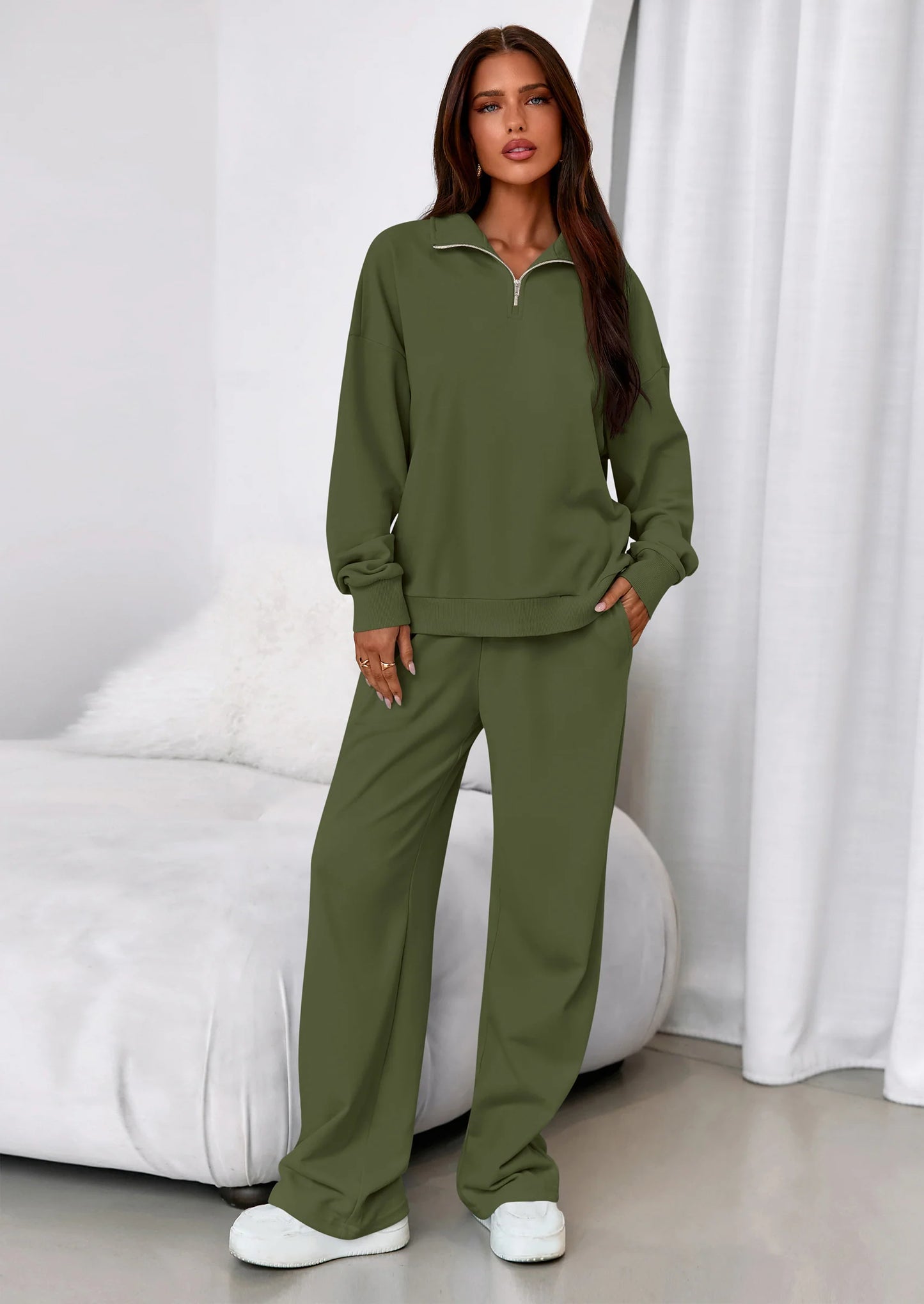 Womens Casual Two Piece Sets Fall Outfits Quarter Zip Sweatshirts Straight Leg Pants Sweatsuits Tracksuit