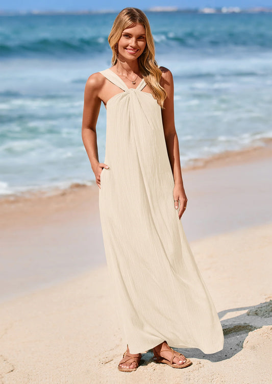 Womens Casual Long Summer Dresses Sleeveless Strappy Loose Flowy Beach Vacation Maxi Dress with Pockets