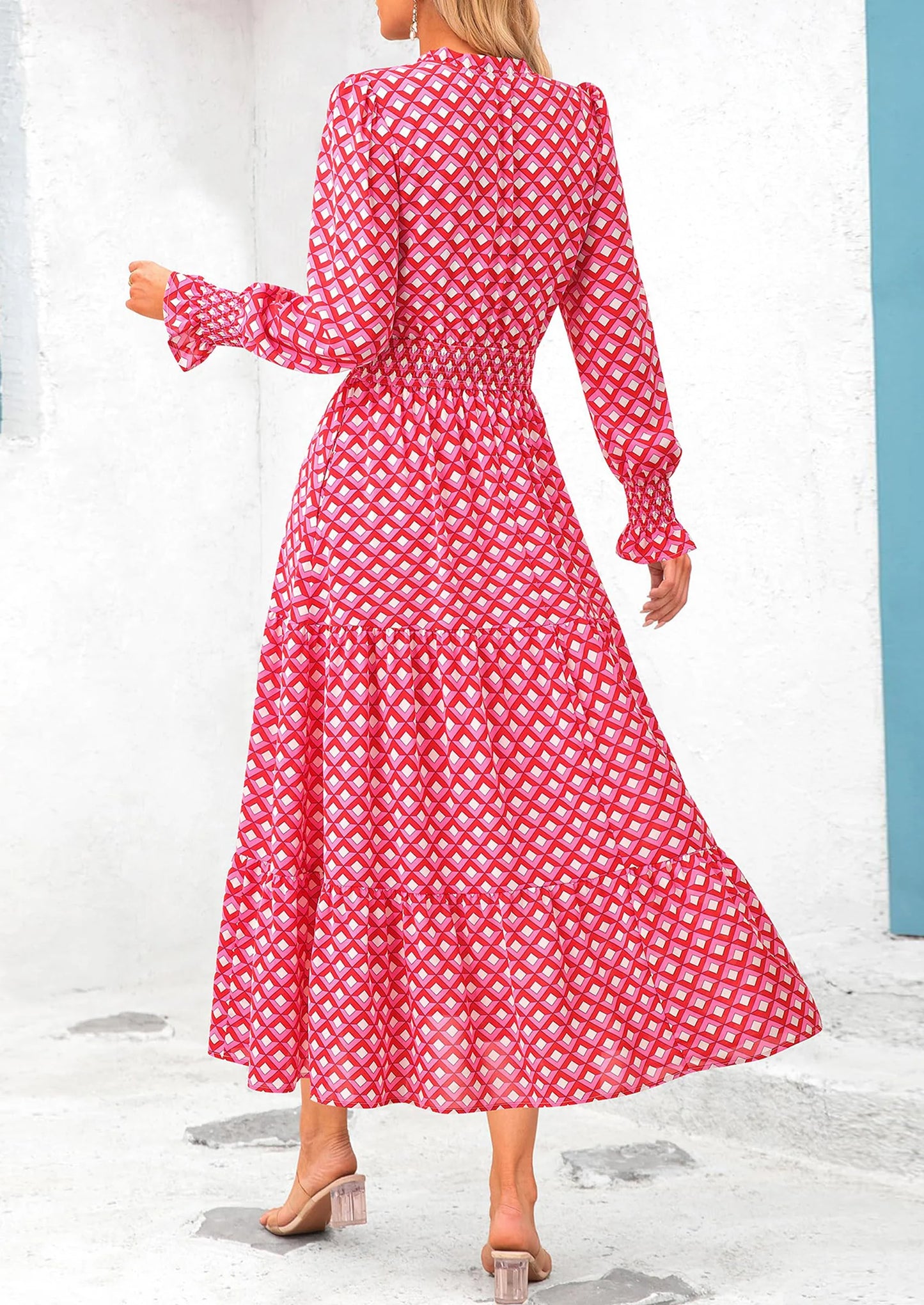 Women's Floral Maxi Dress Spring Long Sleeve V Neck Casual A Line Long Flowy Boho Party Dresses