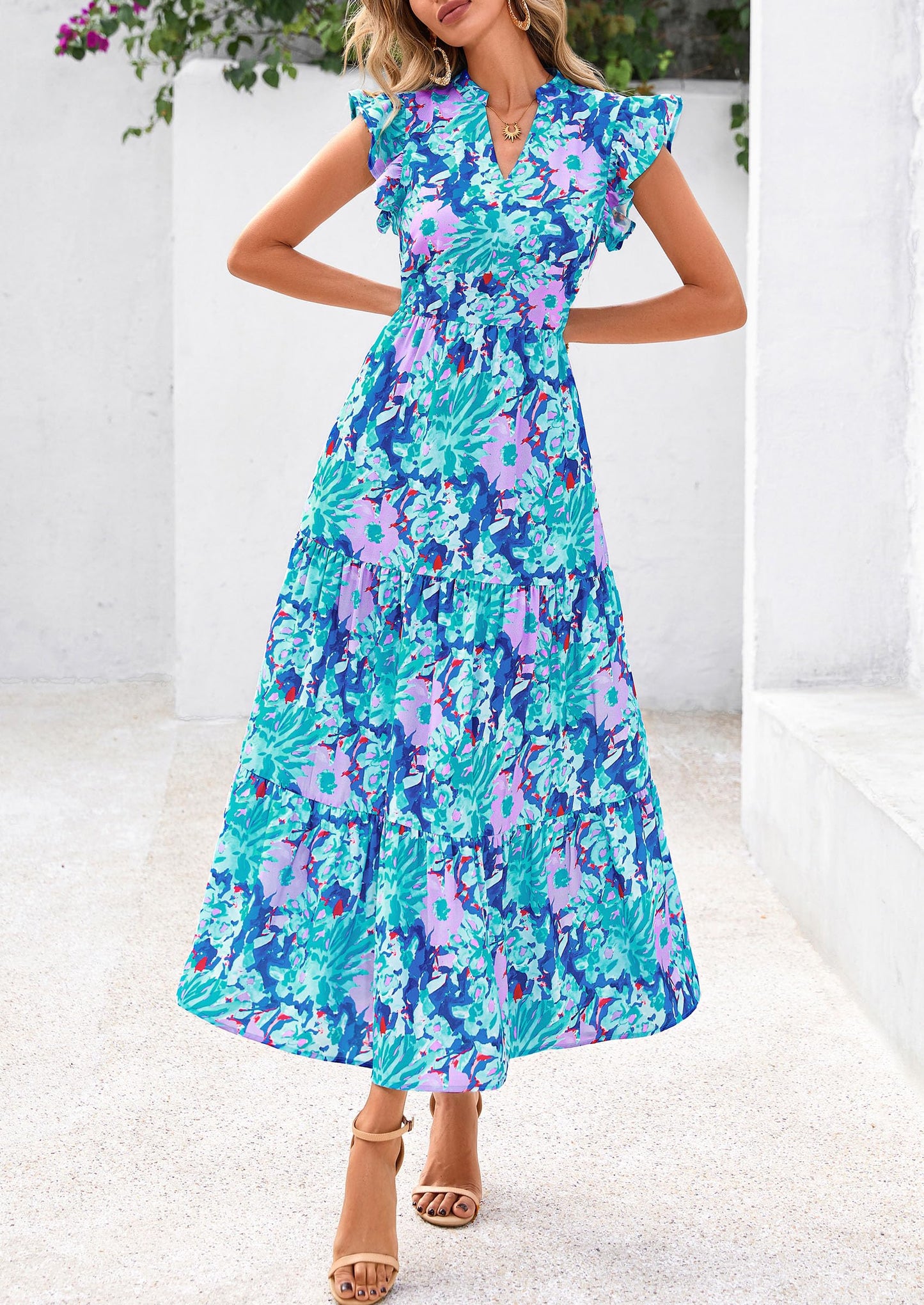 Women's Summer Floral Midi Dress Cap Sleeve V Neck Ruffle Long Flowy Boho Casual Beach Vacation Dresses