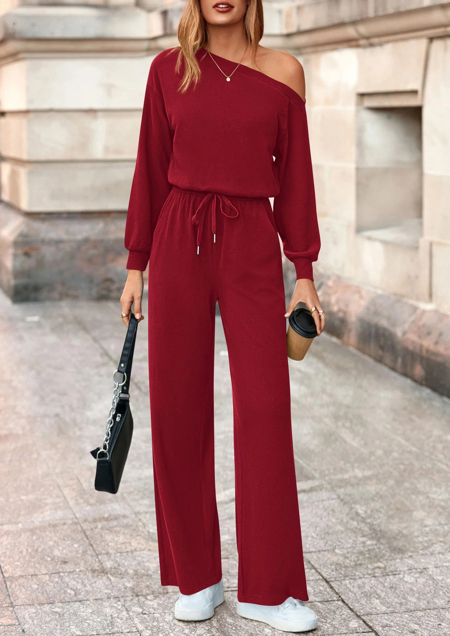 Long Sleeve Jumpsuit For Women Dressy Off Shoulder One Piece Loose Wide Leg Jumpsuits Casual Flowy Romper