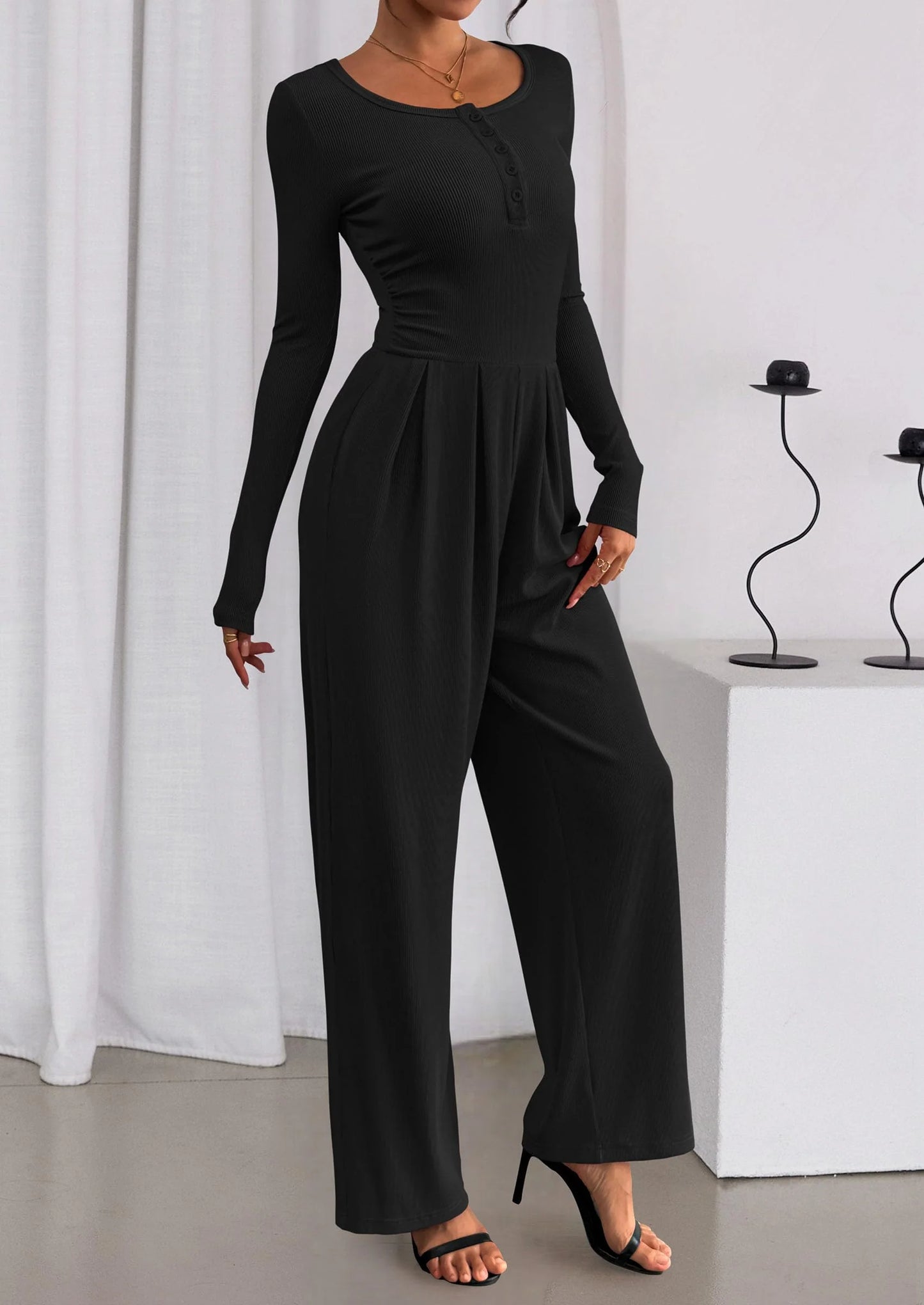 Jumpsuits for Women Dressy Casual Fall One Piece Outfits Long Sleeve Crew Neck Wide Leg Pants Rompers