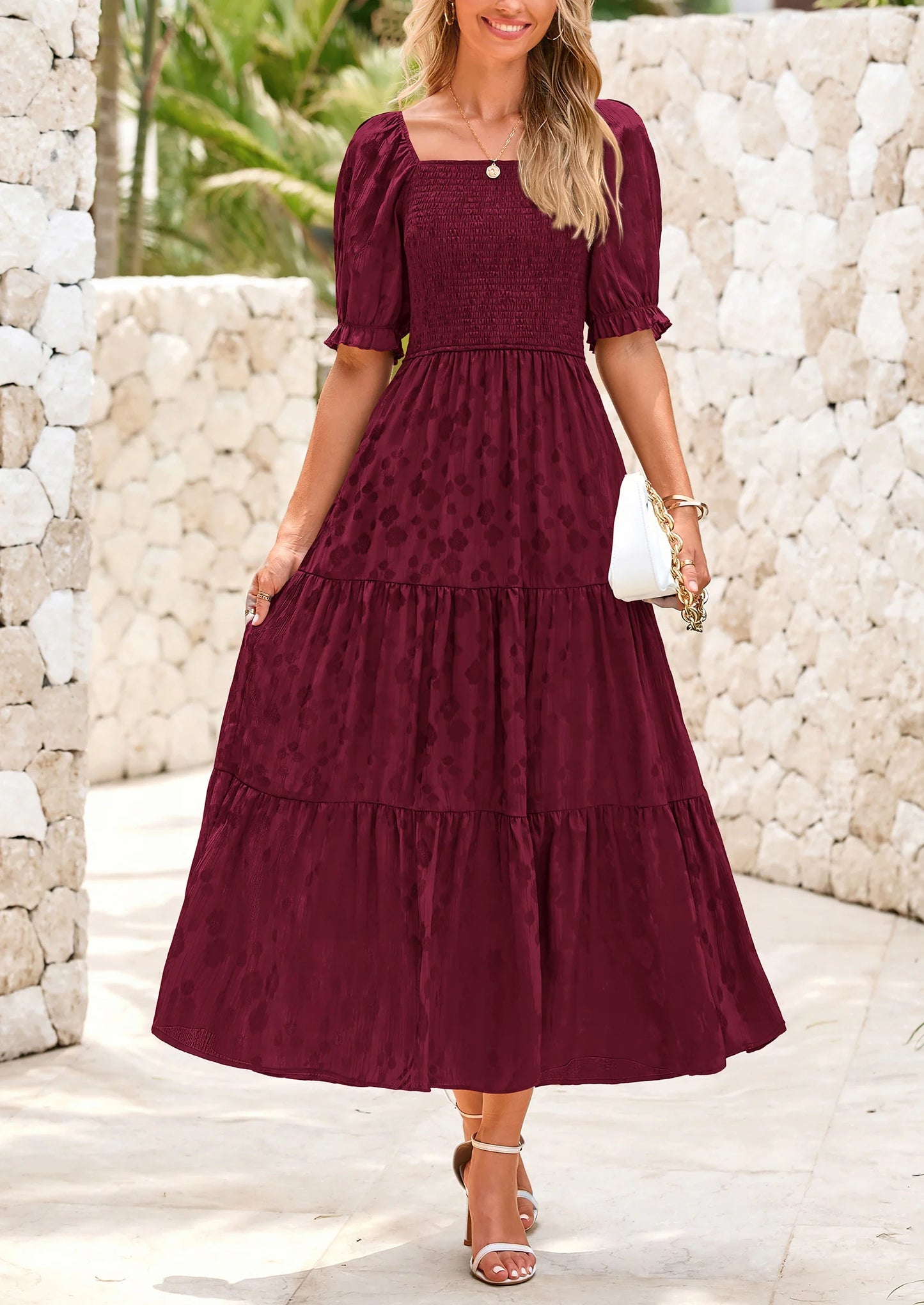 Women's Casual Midi Dresses Square Neck Short Sleeve Smocked A Line Floral Flowy Elegant Boho Dress