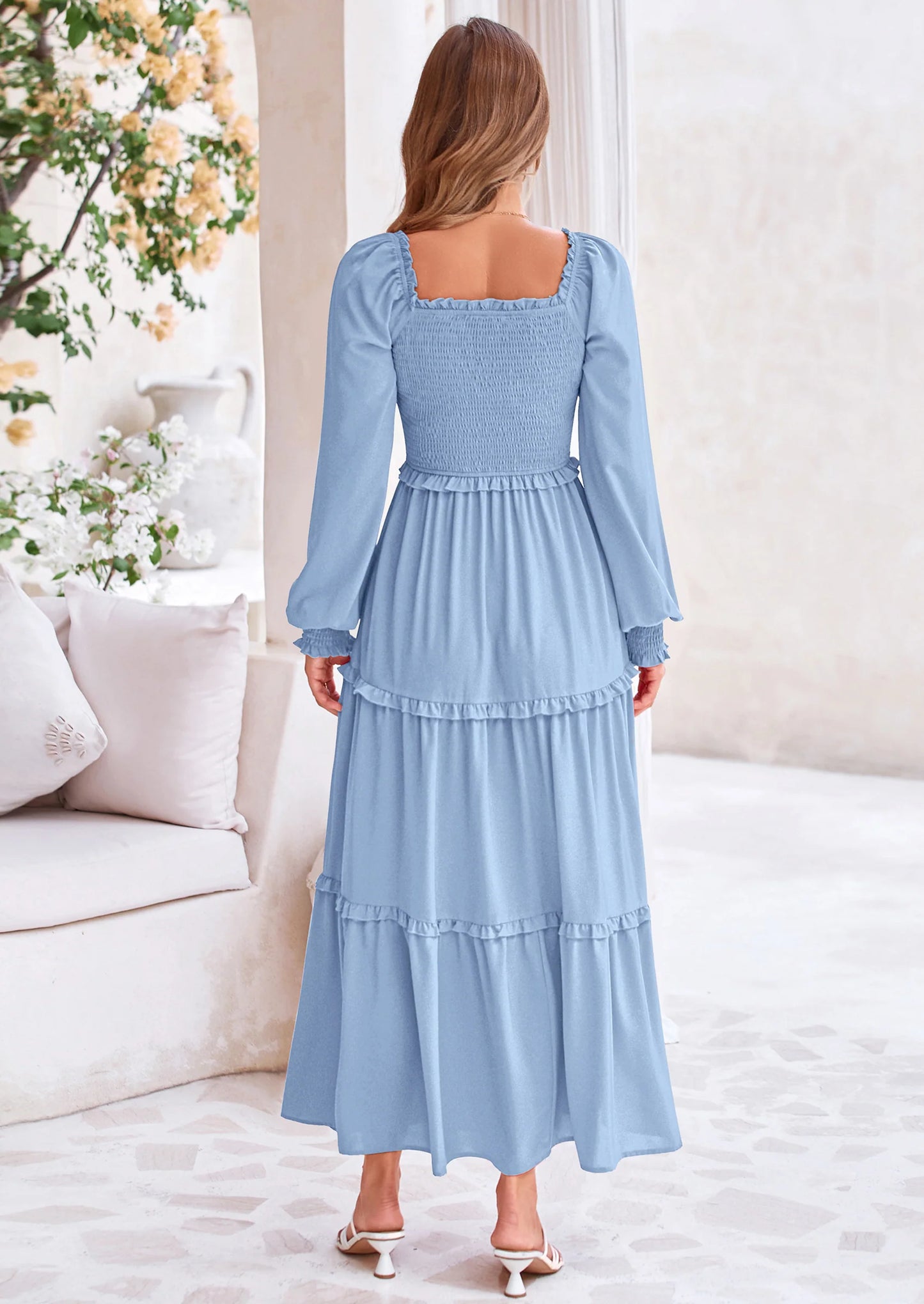 Fall Wedding Guest Dresses for Women Long Sleeve Square Neck Tiered A Line Modest Elegant Flowy Dresses