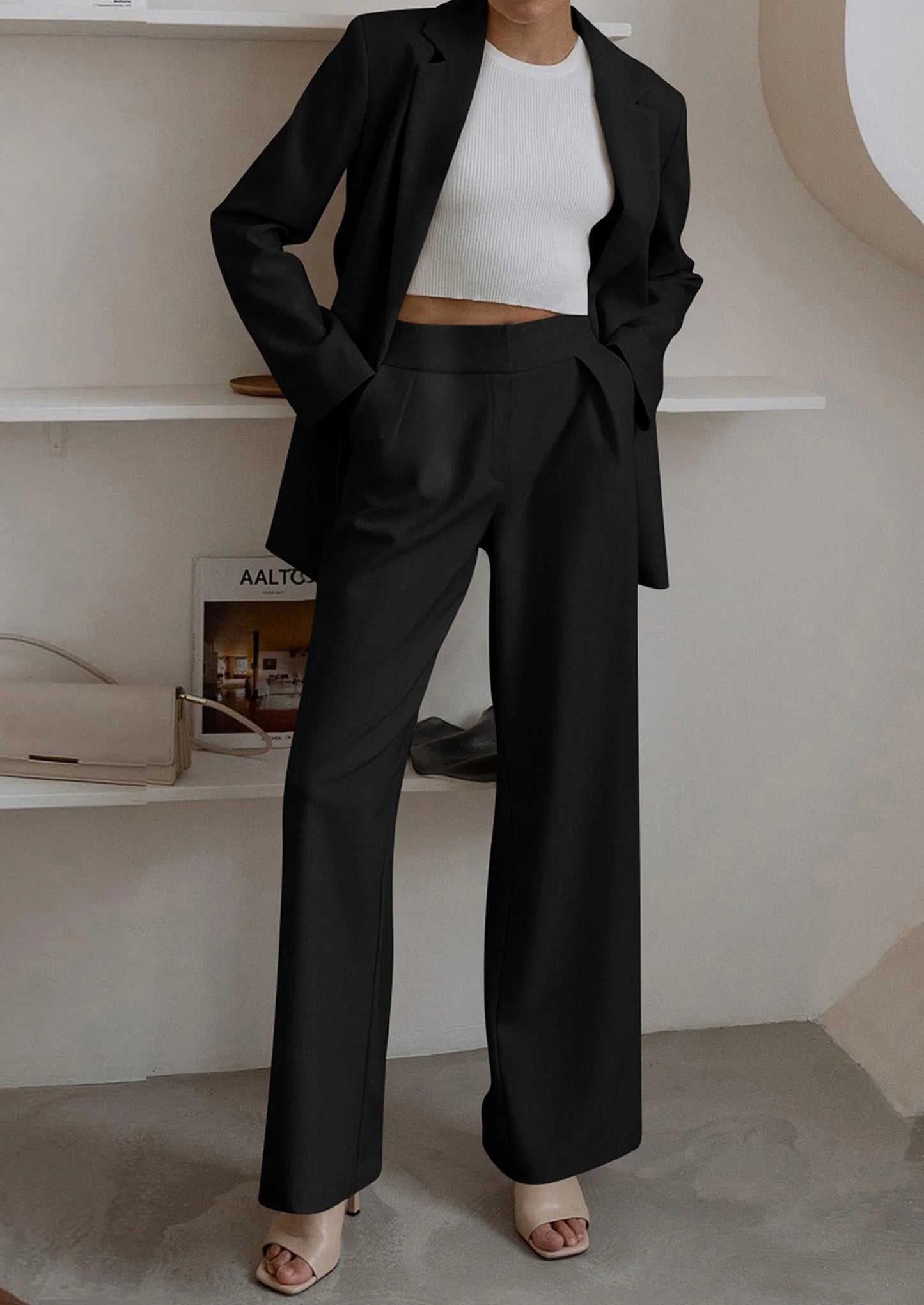 Women's Fall Two Piece Outfits Dressy Blazer Jacket and Wide Leg Pants Pockets Business Casual Office Suit Sets