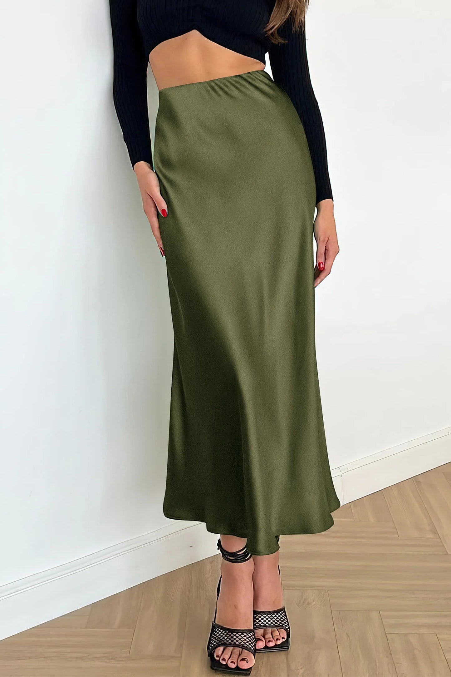 Women's Satin Skirts Dressy Casual Fall High Waisted Cocktail Wedding Flowy Elegant A Line Midi Skirt