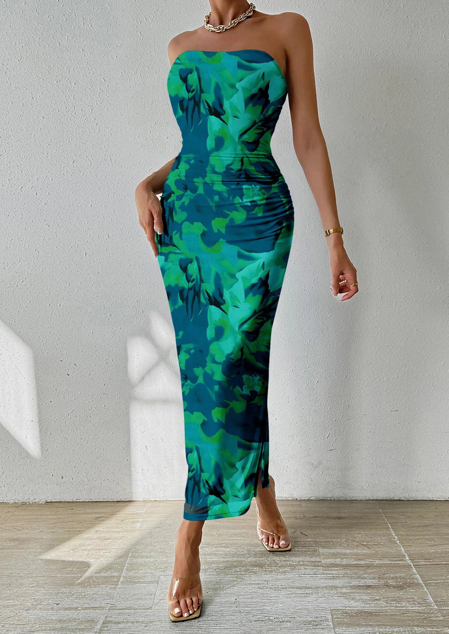 Women's Maxi Bodycon Dresses Strapless Tube Top Slit Floral Printed Party Club Long Dress