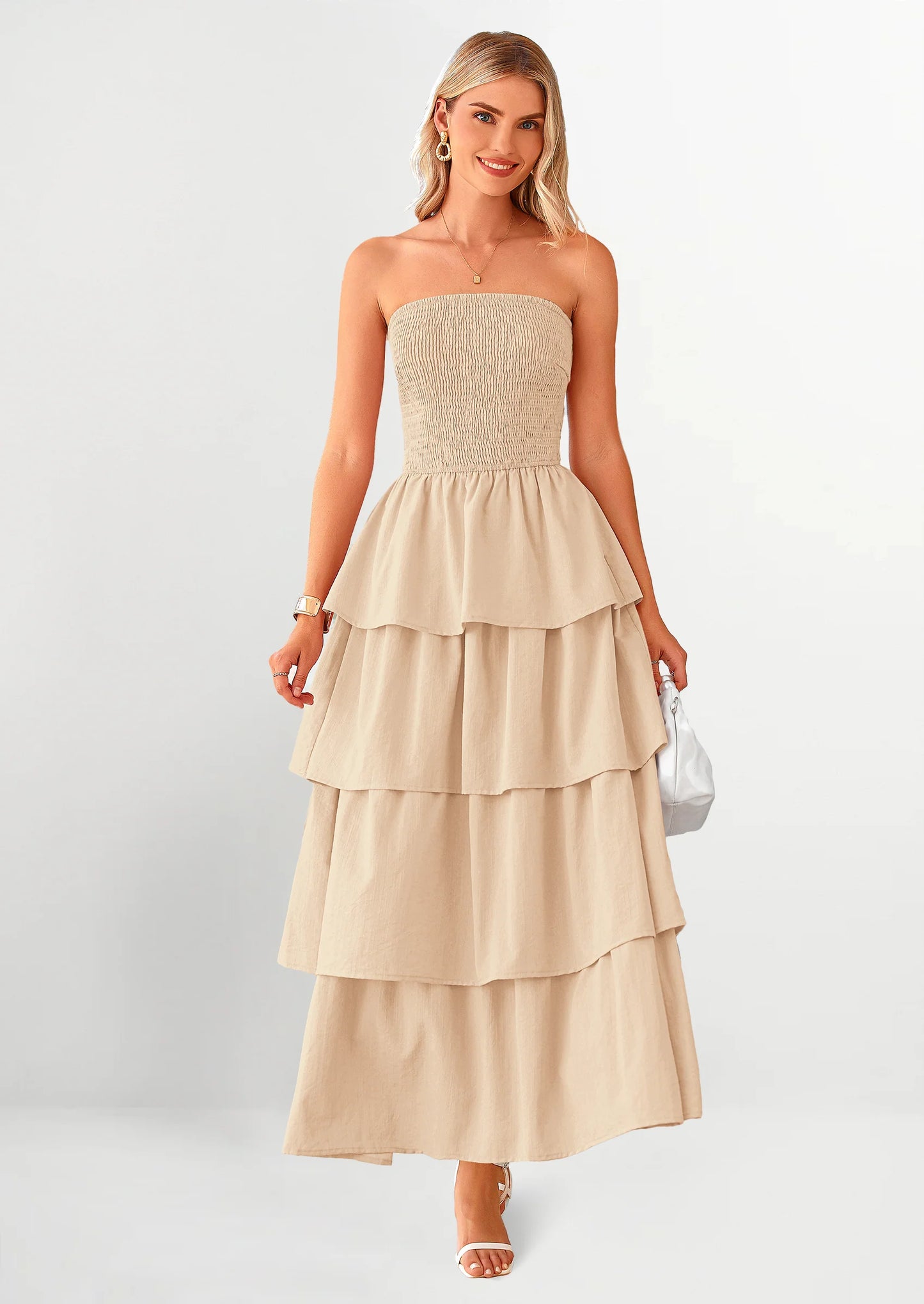 Maxi Dresses for Women Off Shoulder Smocked Tiered Ruffle Long Flowy Wedding Guest Dress