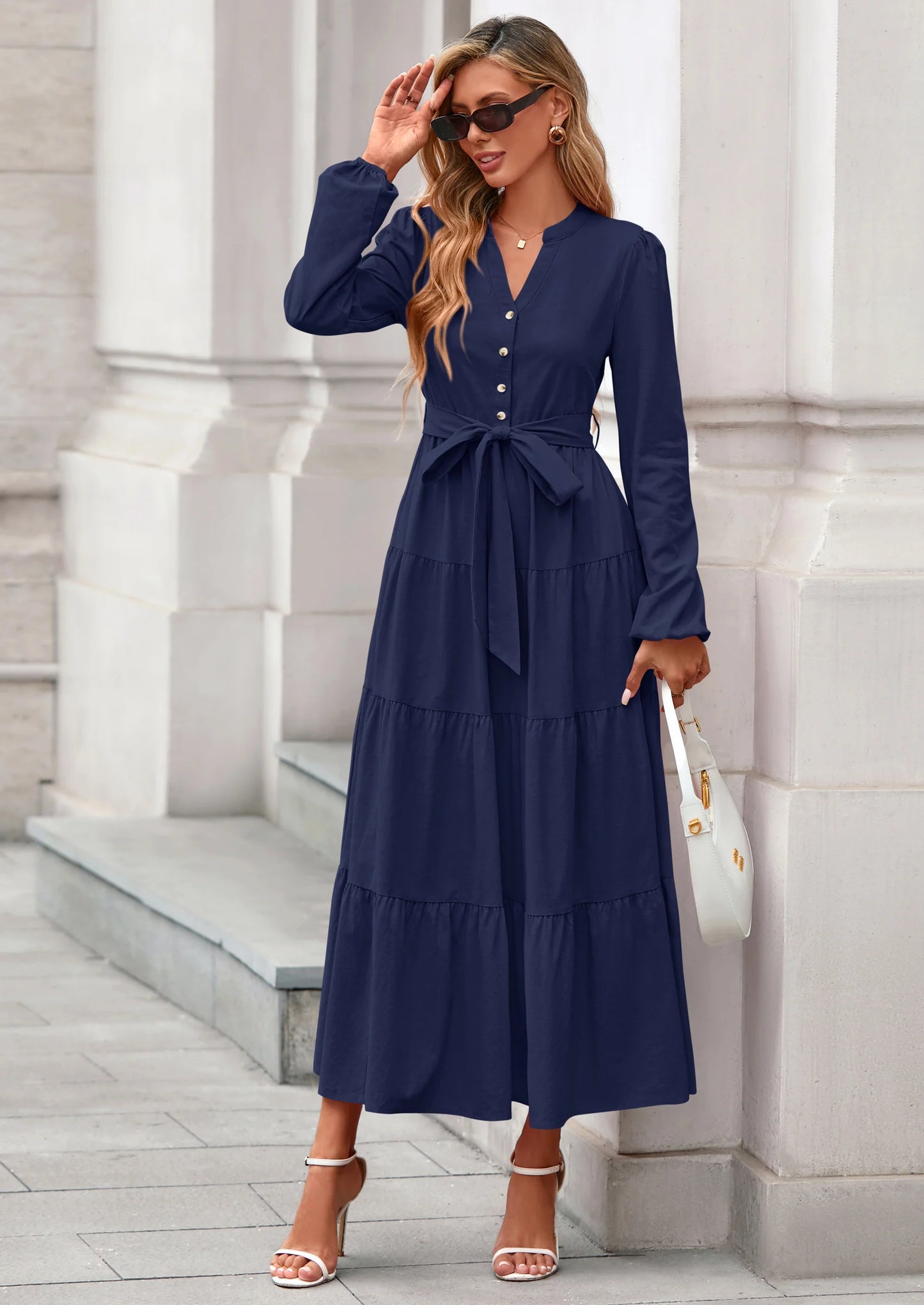 Fall Dresses for Women Long Sleeve V Neck Belted Ruffle A Line Flowy Boho Maxi Wedding Guest Dress Pockets