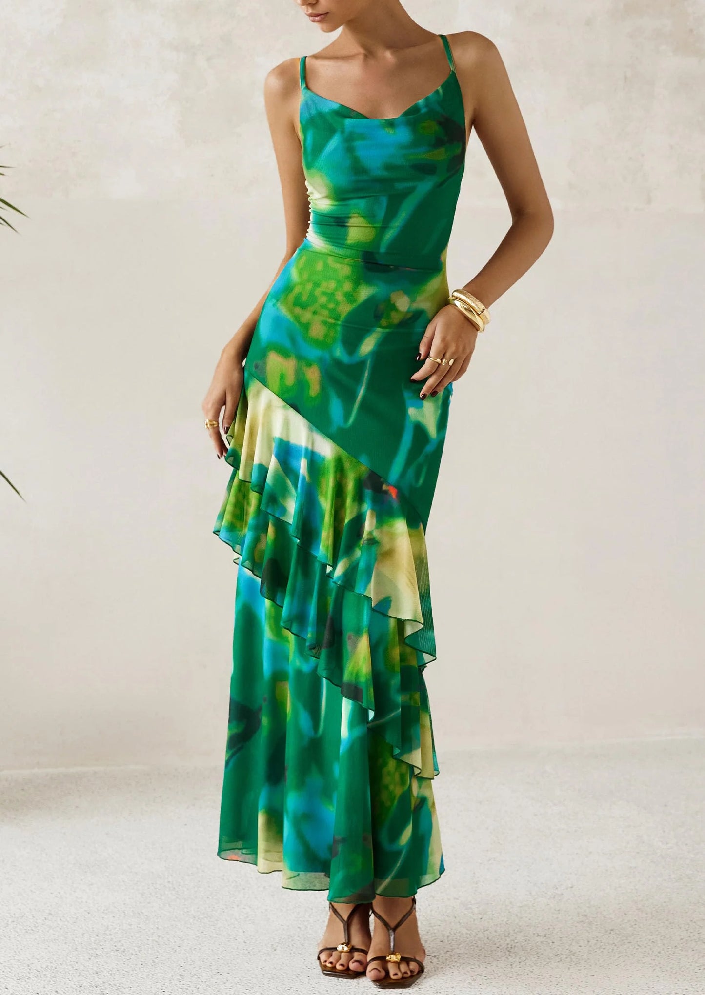Maxi Dresses for Women Floral Beach Sundress Spaghetti Strap Tiered Wedding Guest Long Dress