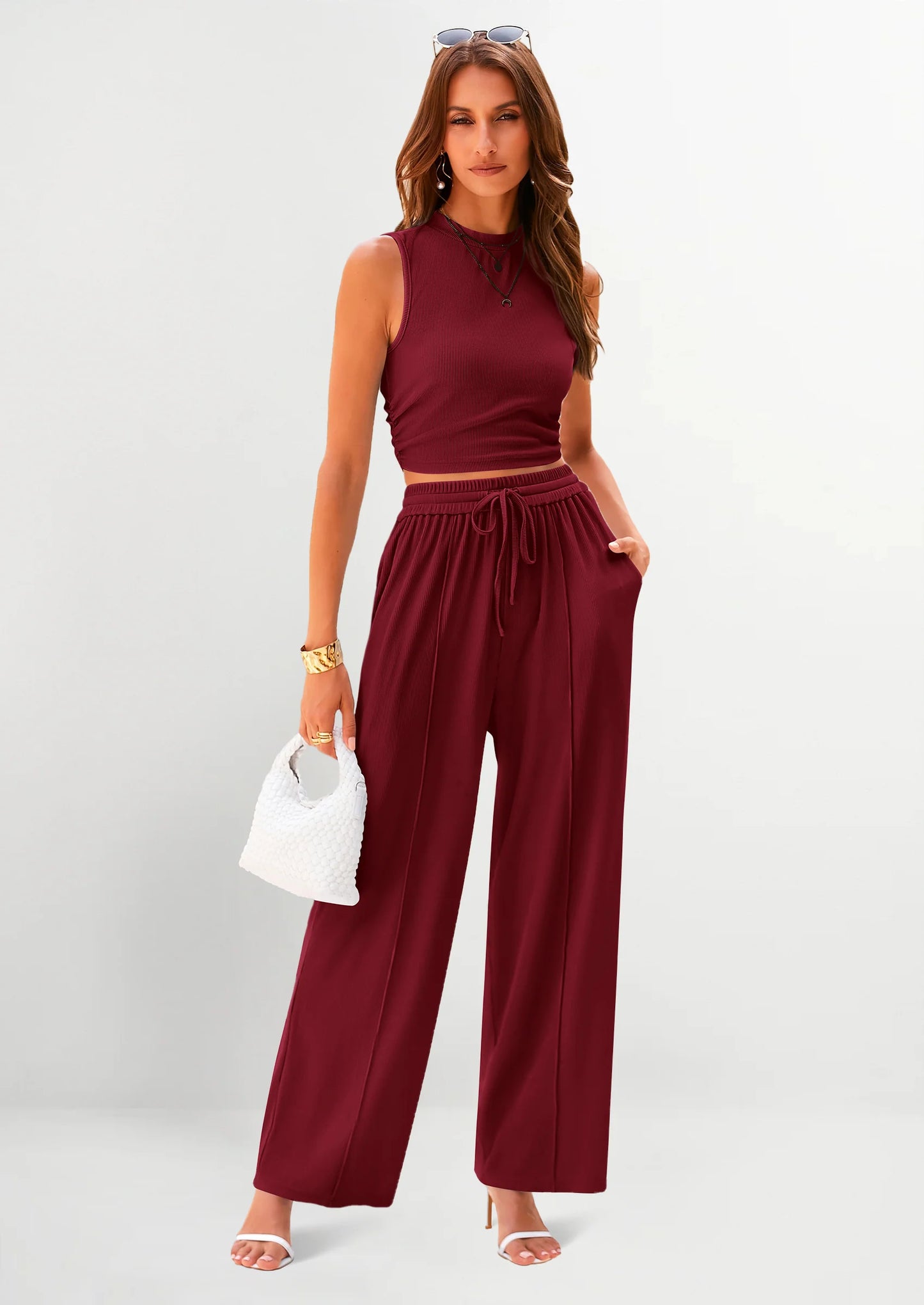 2 Piece Sets Sleeveless Tank Ribbed Travel Vacation Lounge Wear Outfits