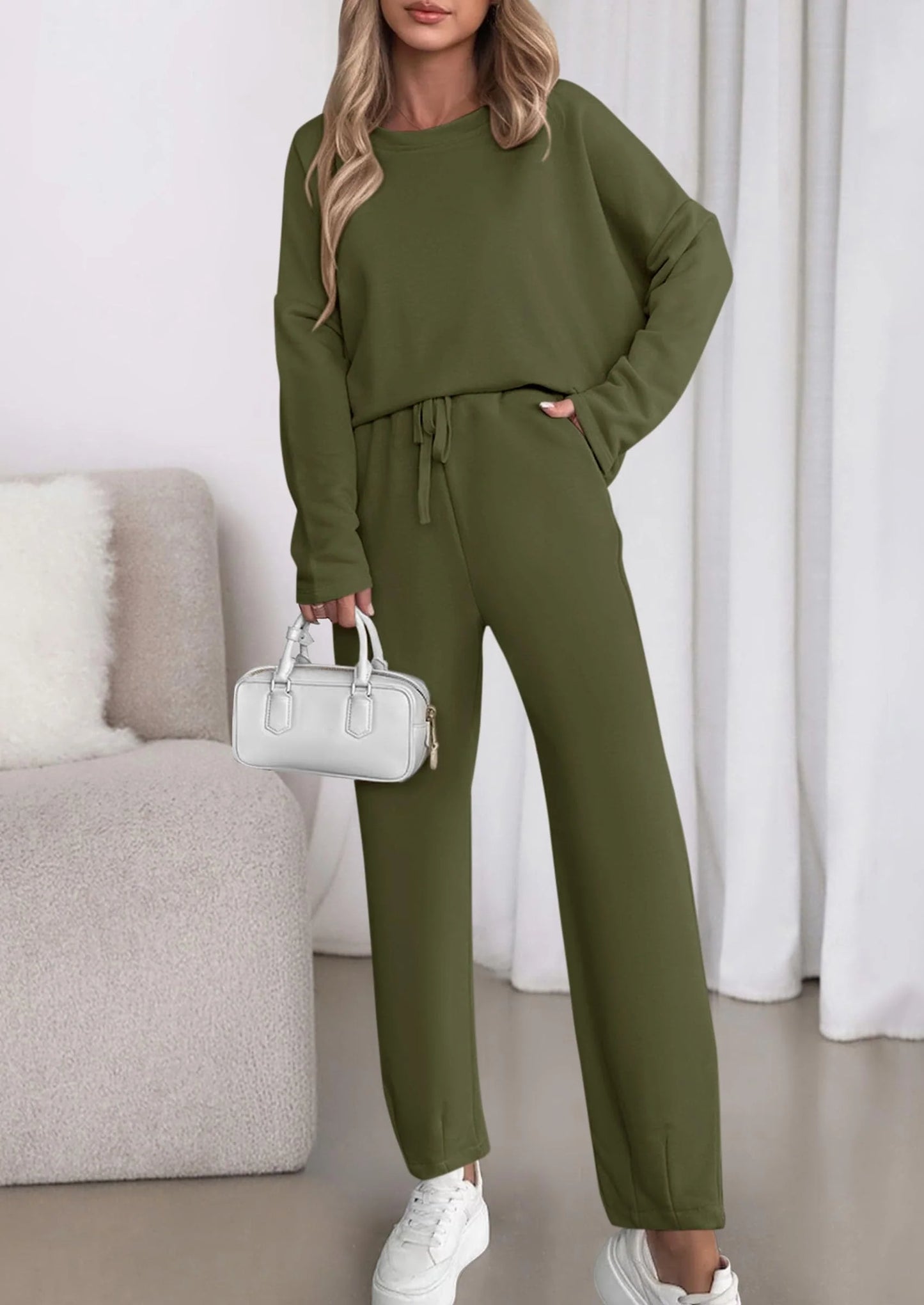 Womens 2 Piece Matching Lounge Sets Fall Long Sleeve Boatneck Sweatsuit Drawstring Sweatpants Pockets