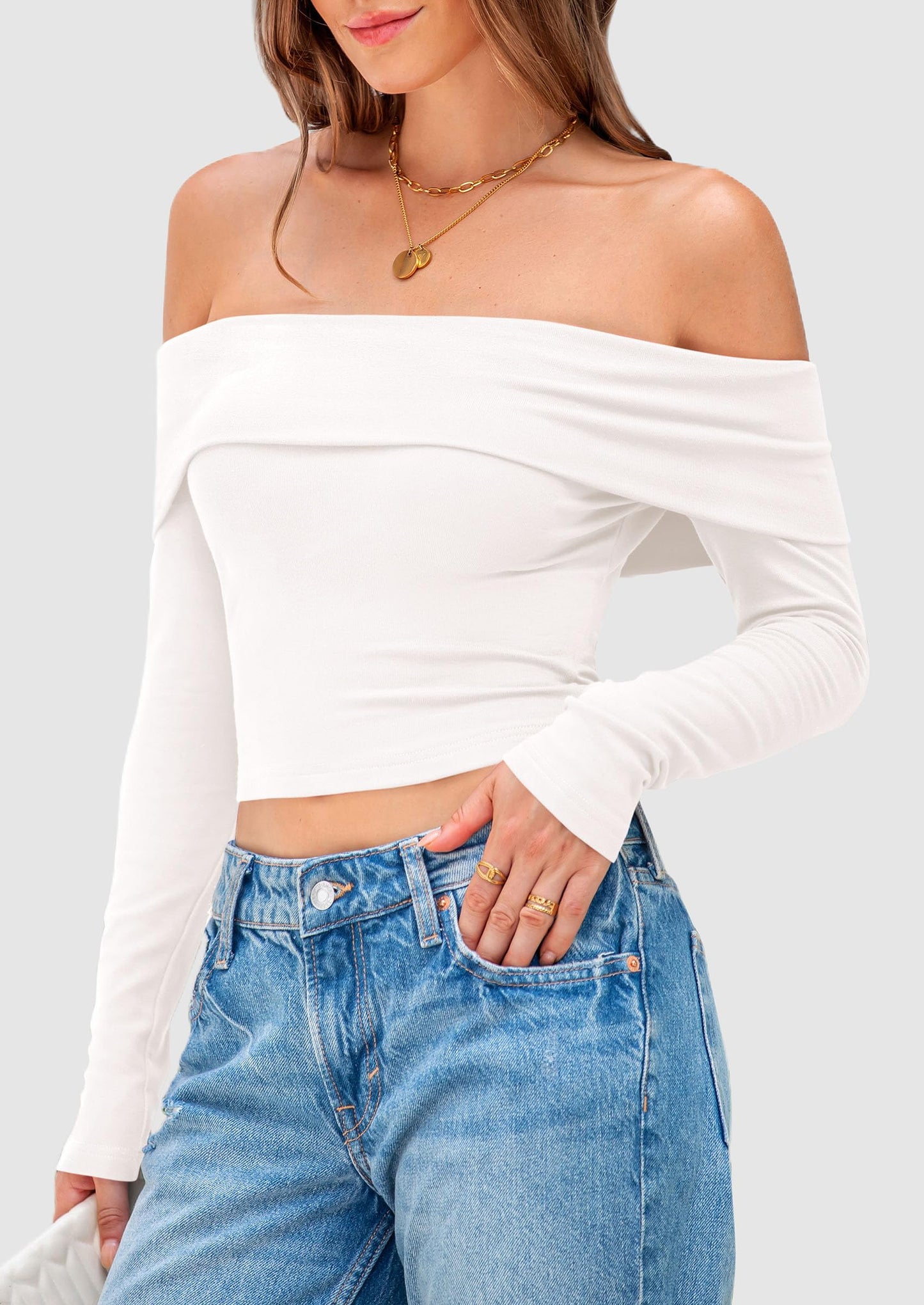 Off The Shoulder Tops for Women Long Sleeve Shirts Trendy Going Out Crop Top Spring Fashion Clothes