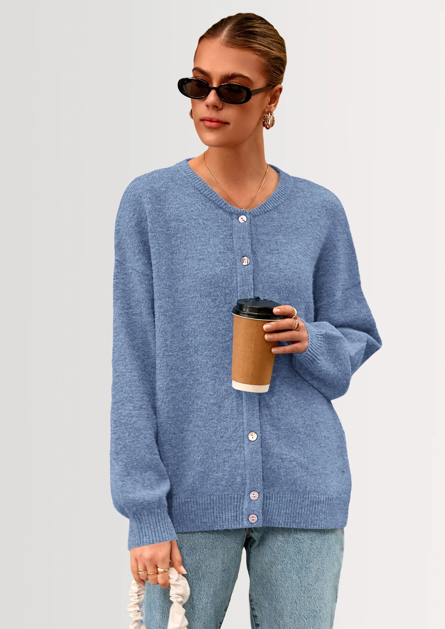 Fall Long Sleeve Cardigans for Women Trendy Open Front Winter Button Down Crewneck Soft Knit Sweater Jacket