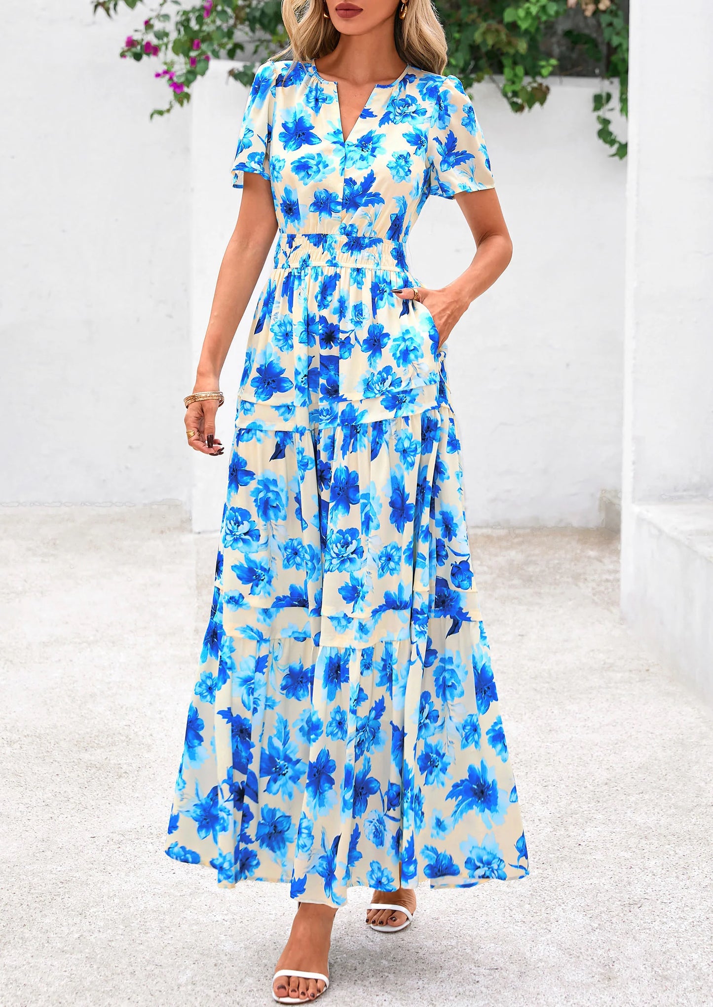 Women's Boho Maxi Dresses Floral Short Sleeve V Neck A Line Tiered Flowy Long Beach Vacation Dress