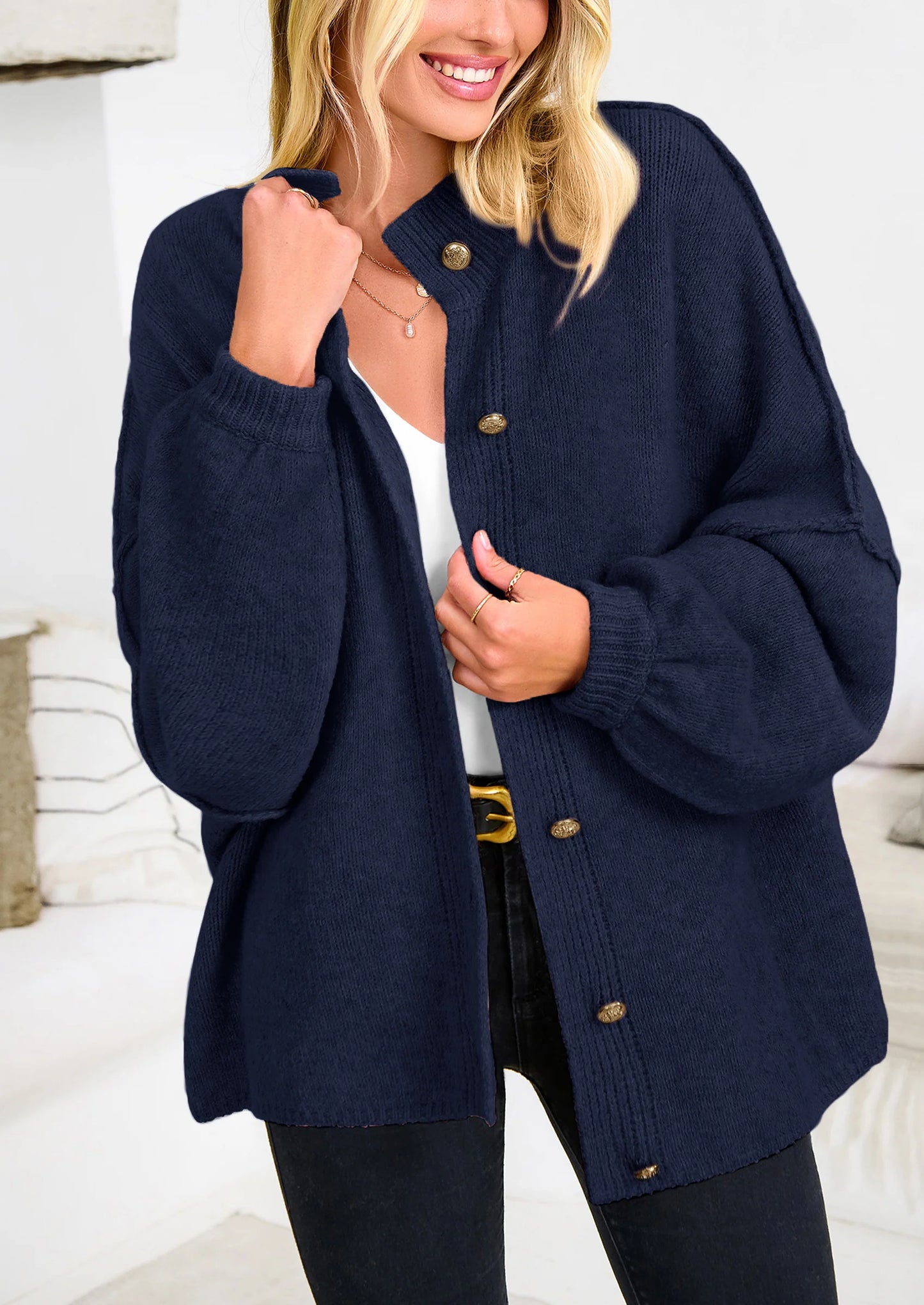 Women's Winter Button Down Cardigan Sweaters Mock Neck Lantern Long Sleeve Chunky Knit Jacket Trendy Outerwear