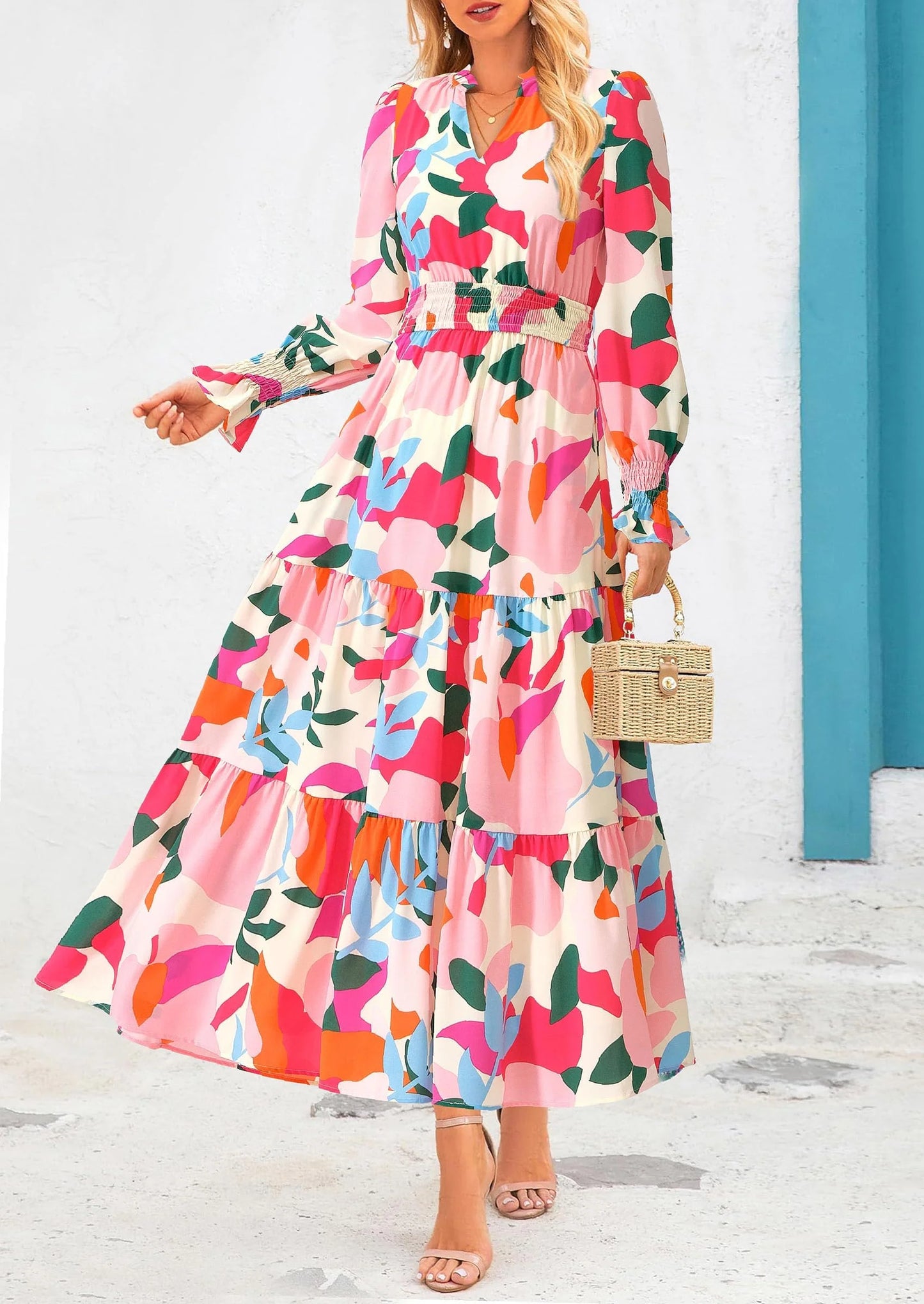Women's Floral Maxi Dress Spring Long Sleeve V Neck Casual A Line Long Flowy Boho Party Dresses