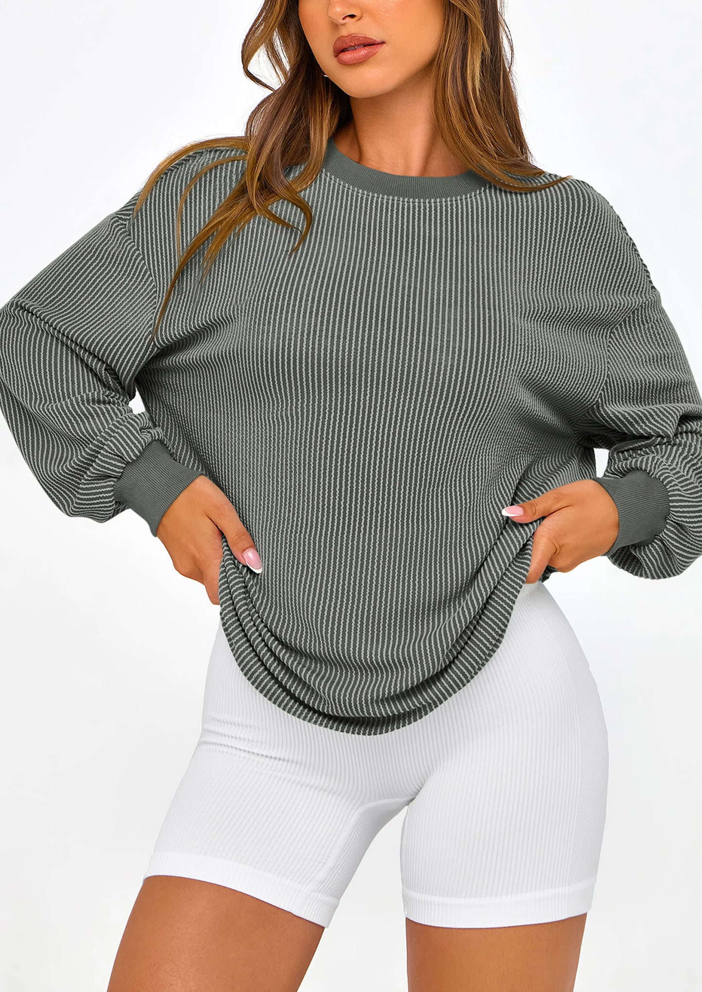 Women's Long Sleeve Tee Shirts Spring Fall Trendy Clothes Casual Loose Crewneck Ribbed Blouse Tunic Tops