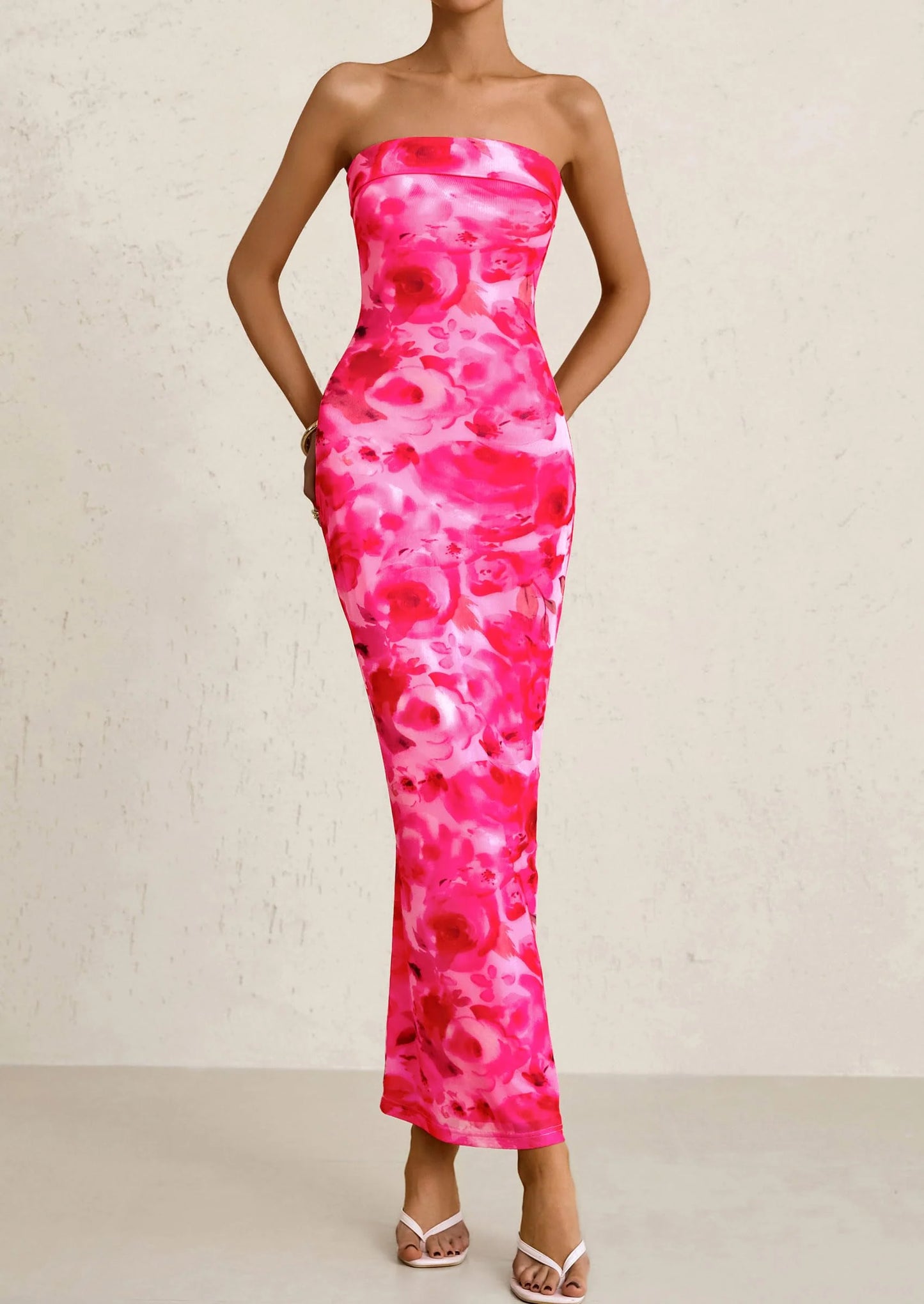 Womens Printed Tube Maxi Dress Strapless Bodycon Sleeveless Night Out Long Dresses