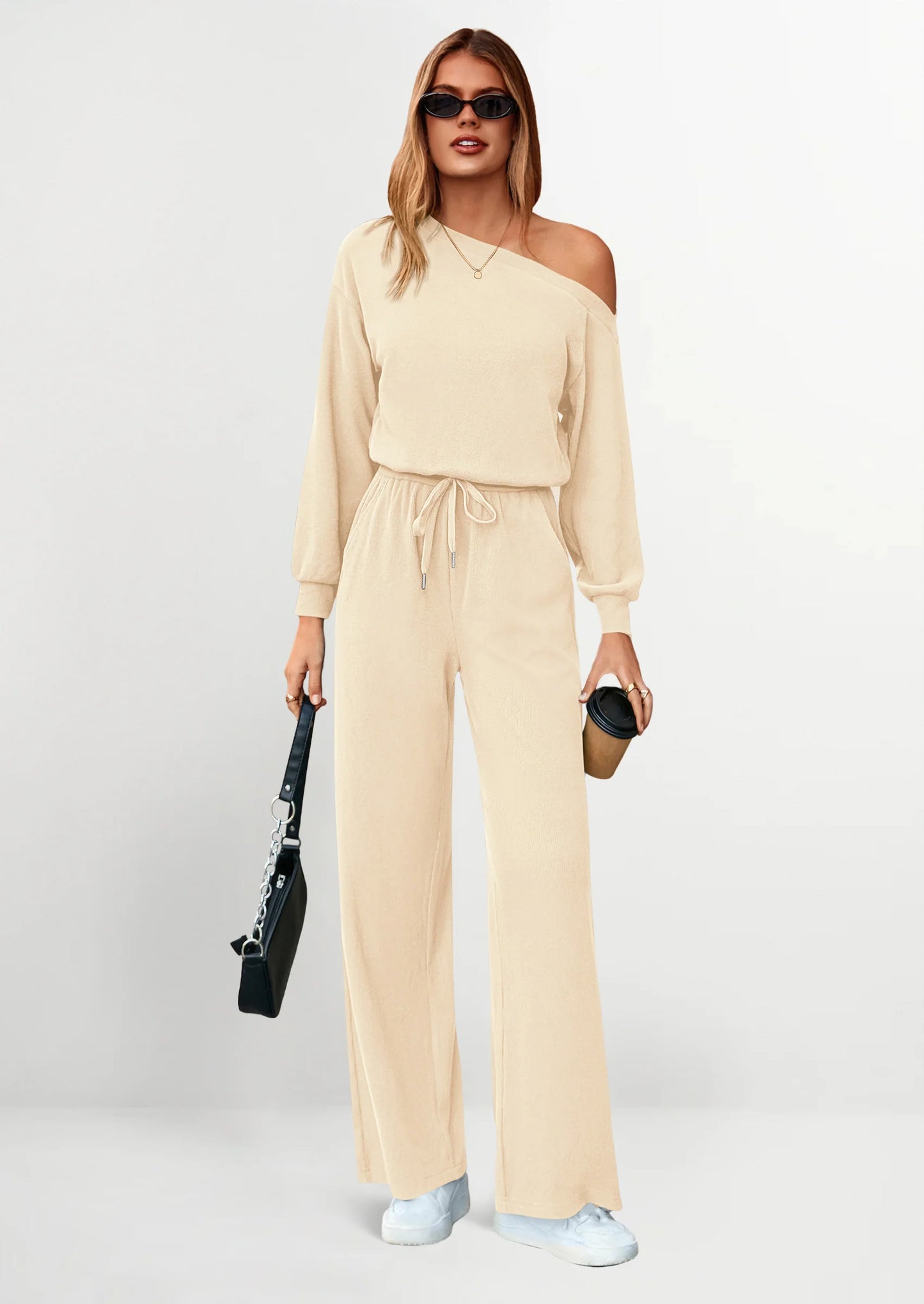 Long Sleeve Jumpsuit For Women Dressy Off Shoulder One Piece Loose Wide Leg Jumpsuits Casual Flowy Romper