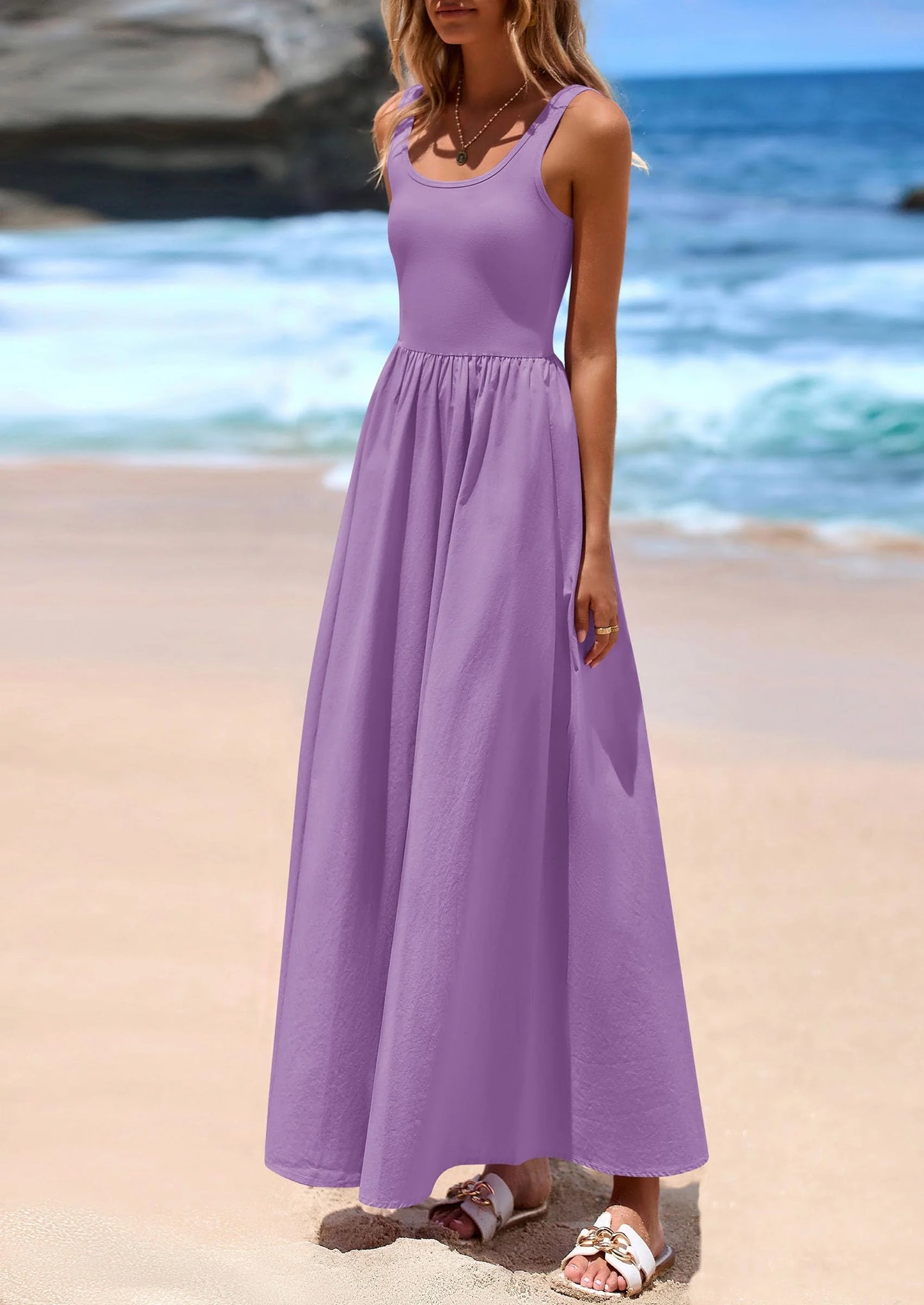 Womens Summer Casual Scoop Neck Sleeveless Long Dresses Tank Top Patchwork Aline Swing Maxi Dress with Pockets