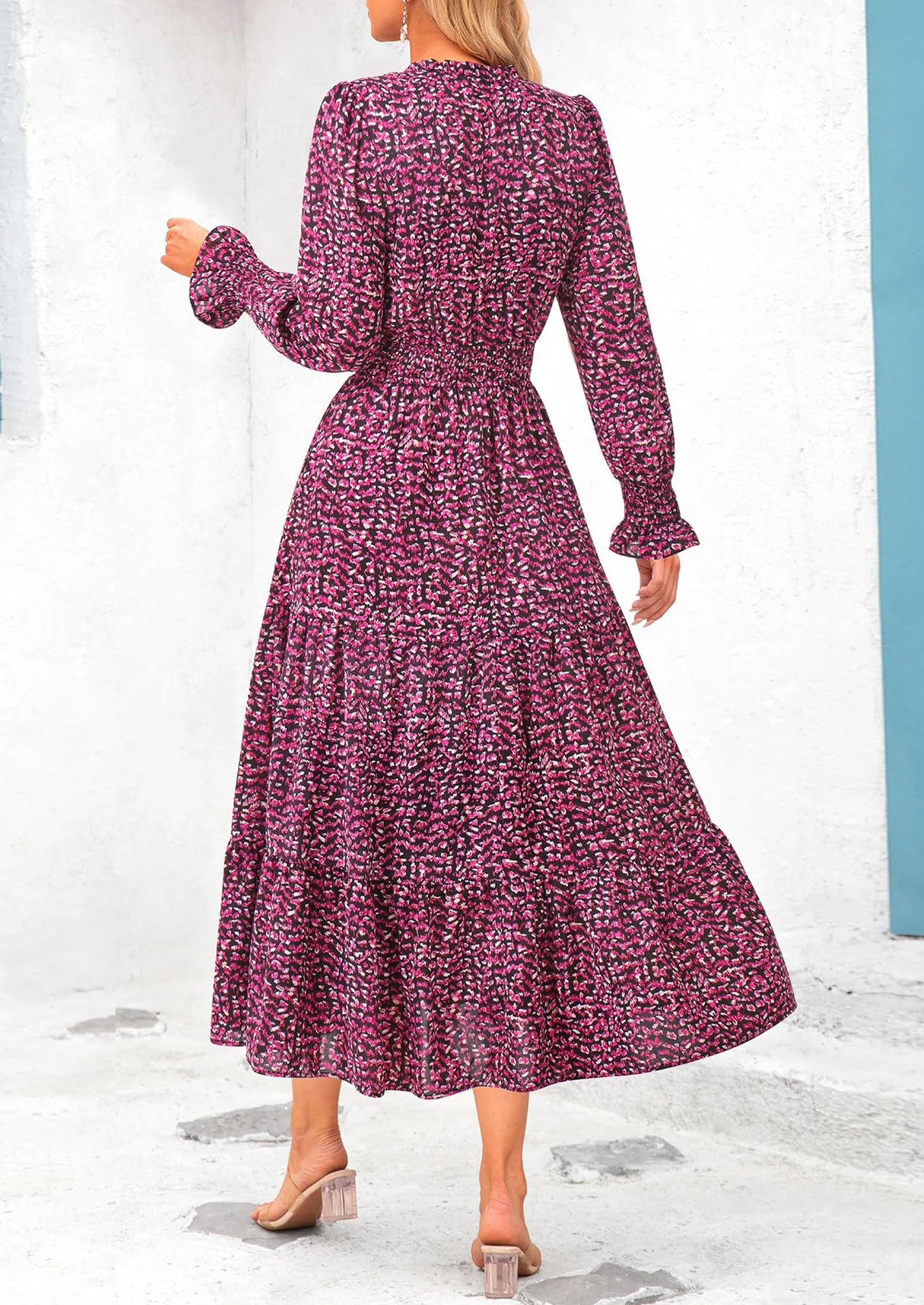 Women's Floral Maxi Dress Spring Long Sleeve V Neck Casual A Line Long Flowy Boho Party Dresses
