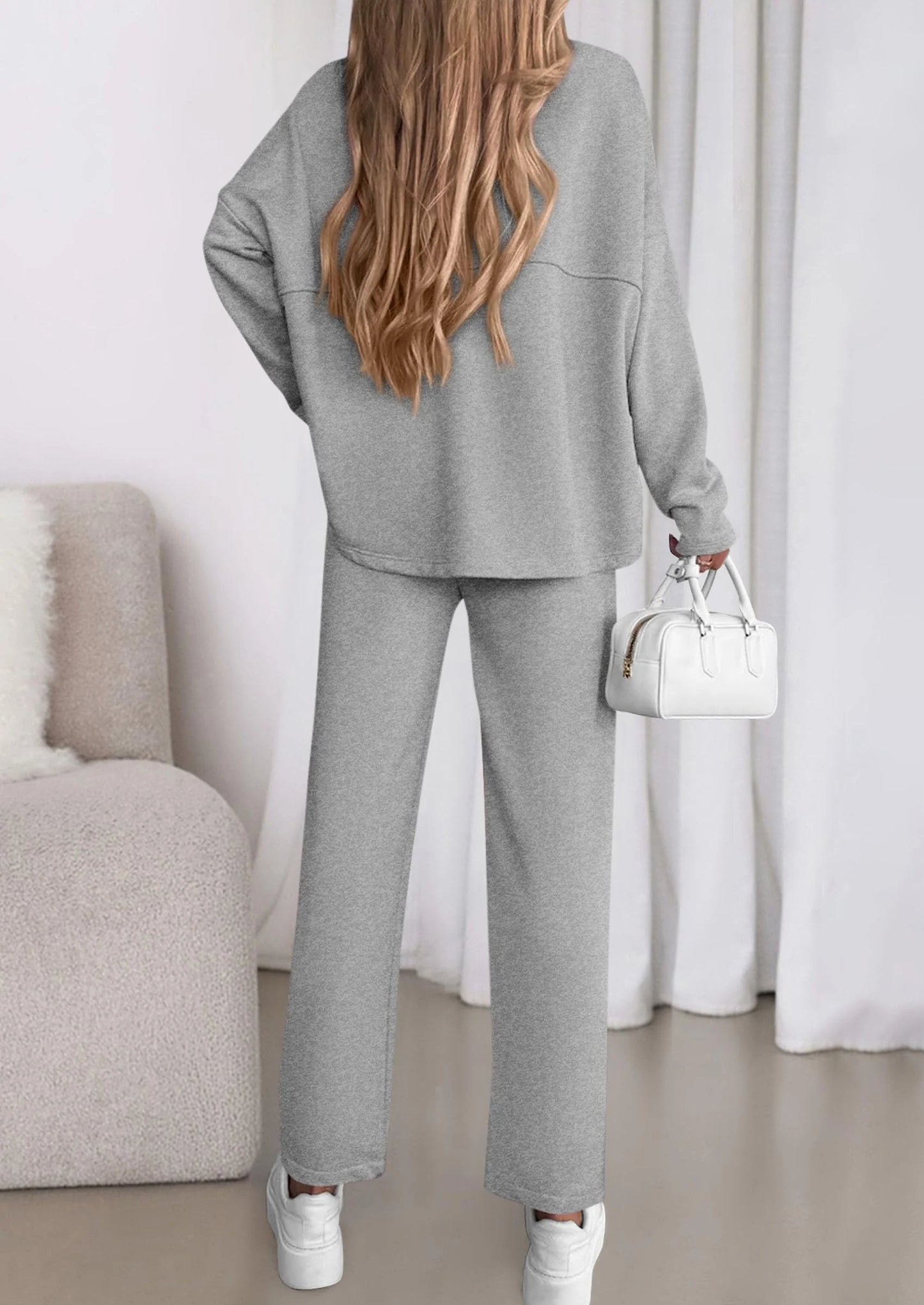 Womens 2 Piece Matching Lounge Sets Fall Long Sleeve Boatneck Sweatsuit Drawstring Sweatpants Pockets