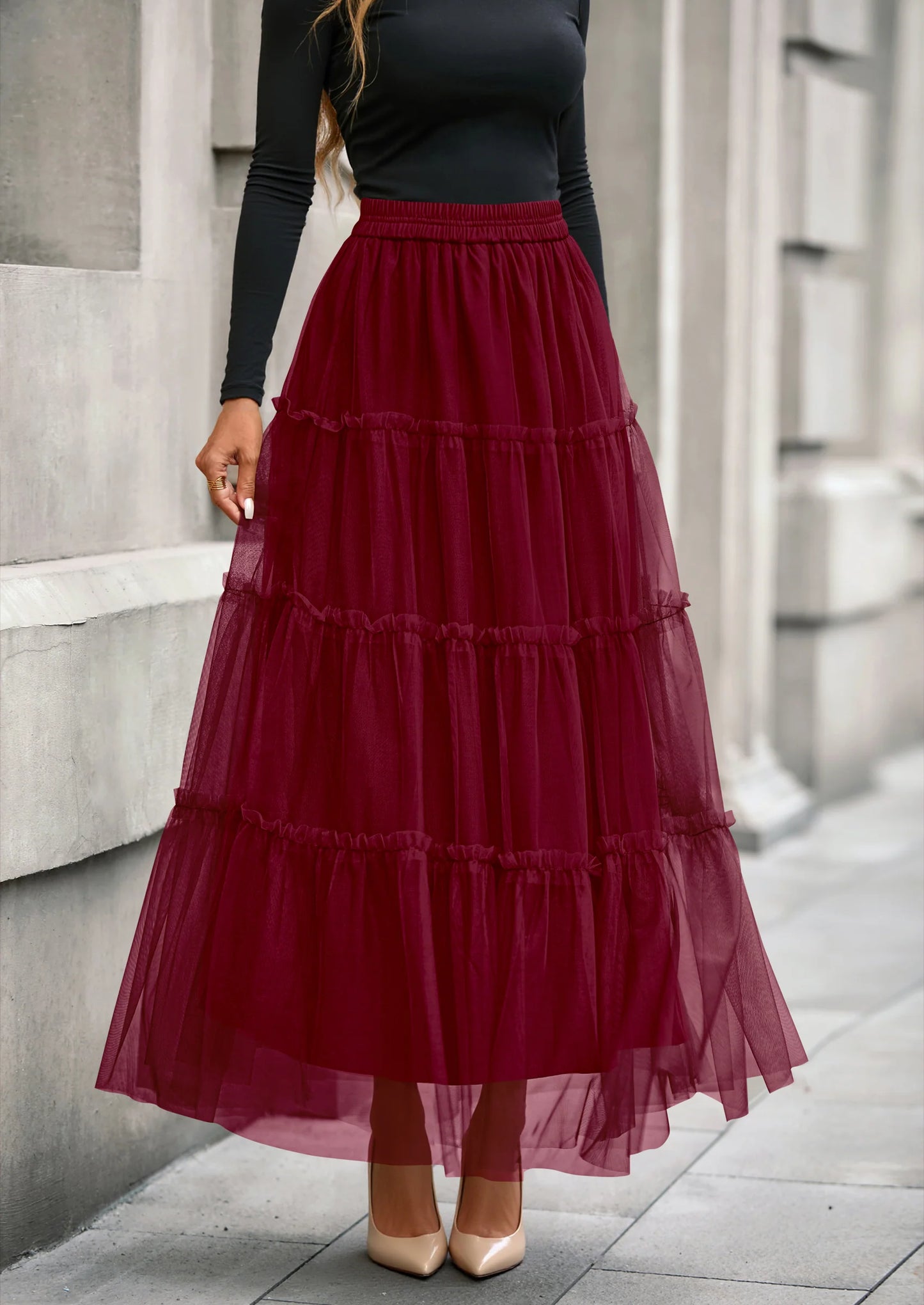 Maxi Skirts for Women Fall Tulle High Waisted Ruffle Flowy A-Line Long Skirt Country Concert Outfits