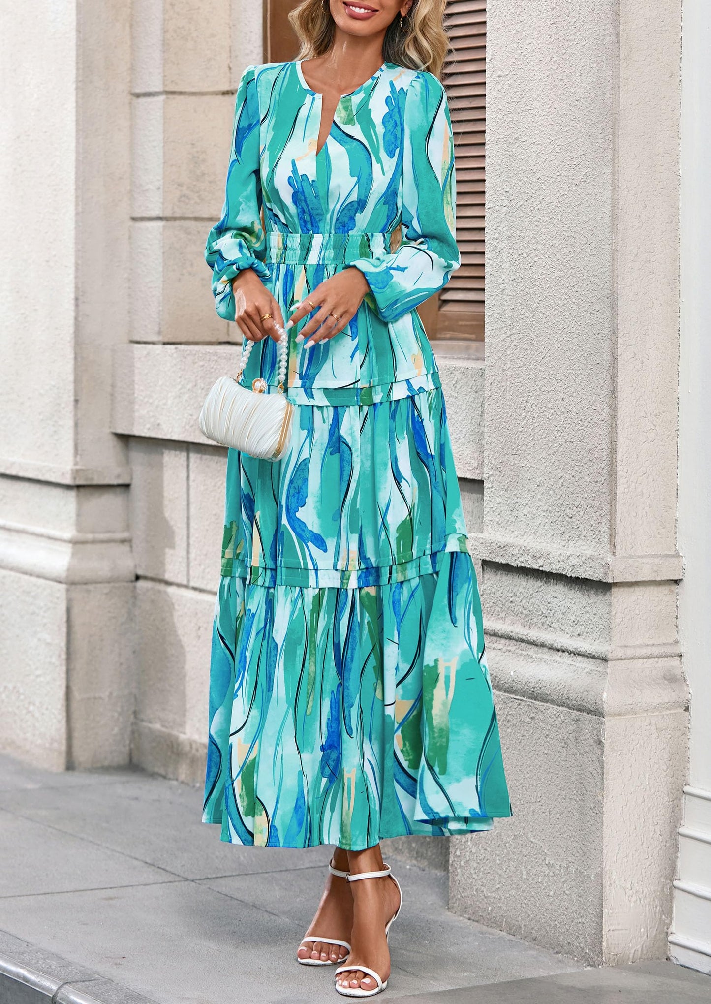 Women's Fall Boho Maxi Dresses Floral Long Sleeve V Neck Flowy Elegant Wedding Guest Dress Vacation Outfits