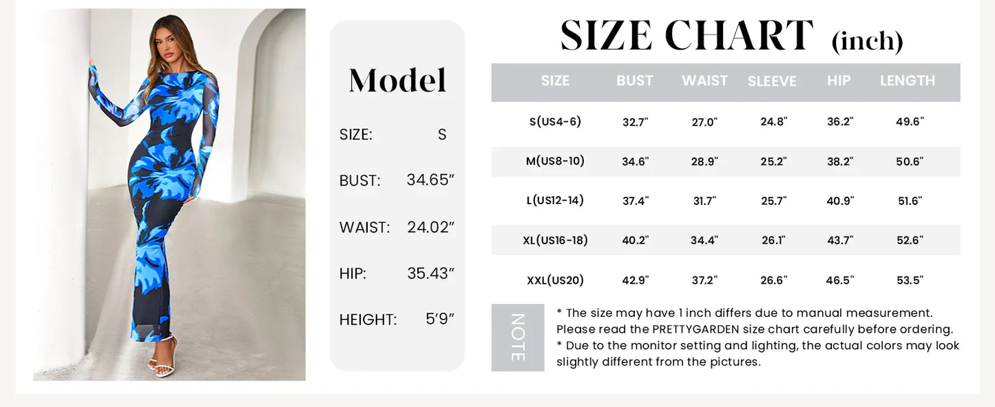 Bodycon Maxi Dress Fall Floral Long Sleeve Sexy Mesh Cocktail Wedding Guest Long Dresses
