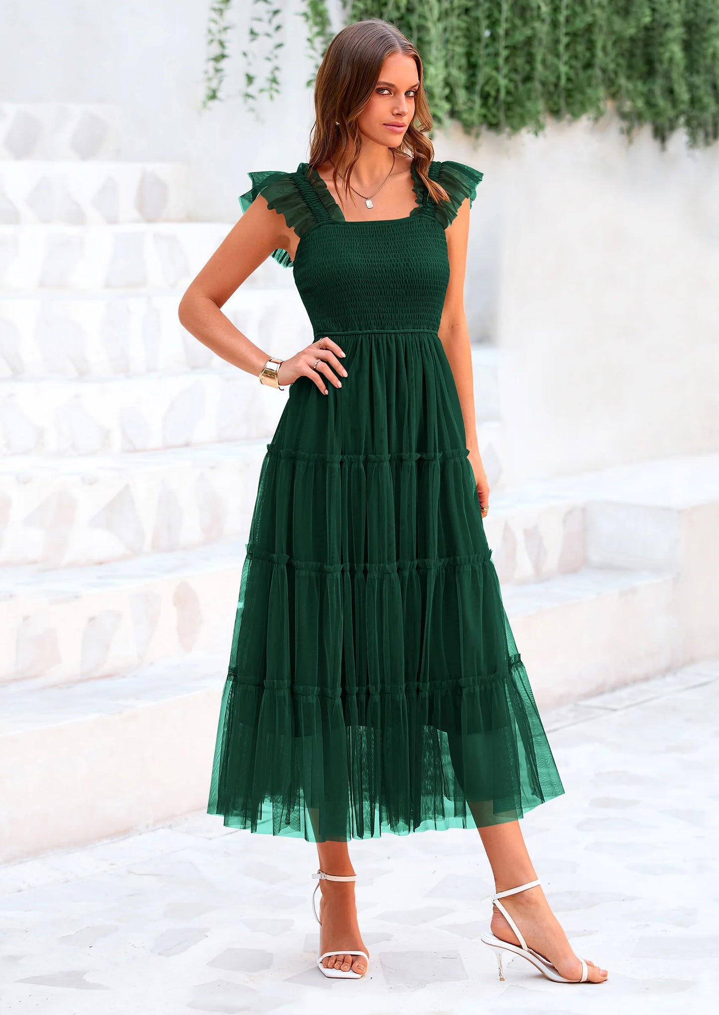 Women's Tulle Midi Dress Sleeveless Smocked Ruffle Mesh Flowy Dresses Party Wedding Guest Sundress