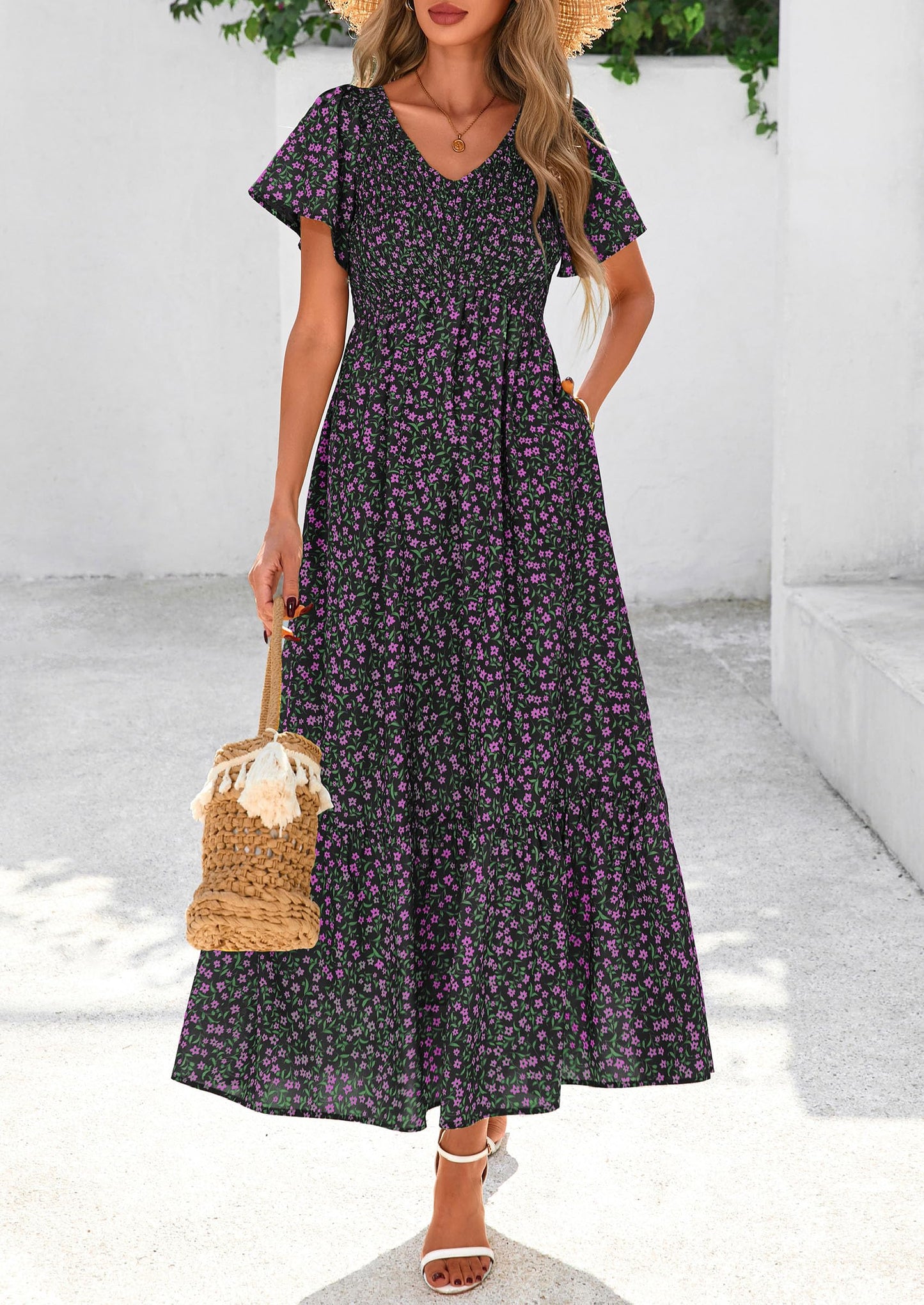 Women Floral Boho Maxi Dresses Short Sleeve V Neck Smocked A Line Long Flowy Beach Vacation Dress