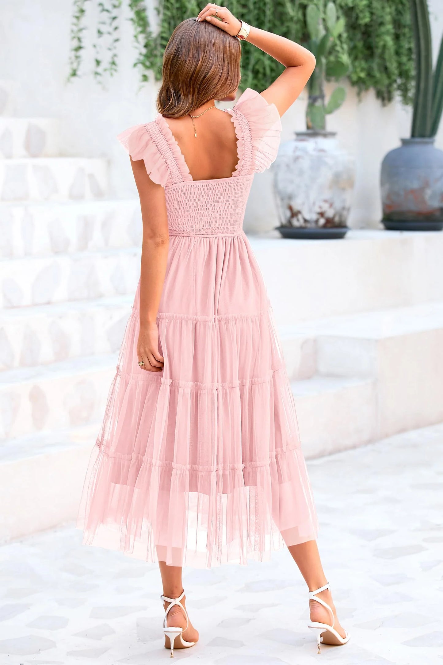Women's Tulle Midi Dress Sleeveless Smocked Ruffle Mesh Flowy Dresses Party Wedding Guest Sundress